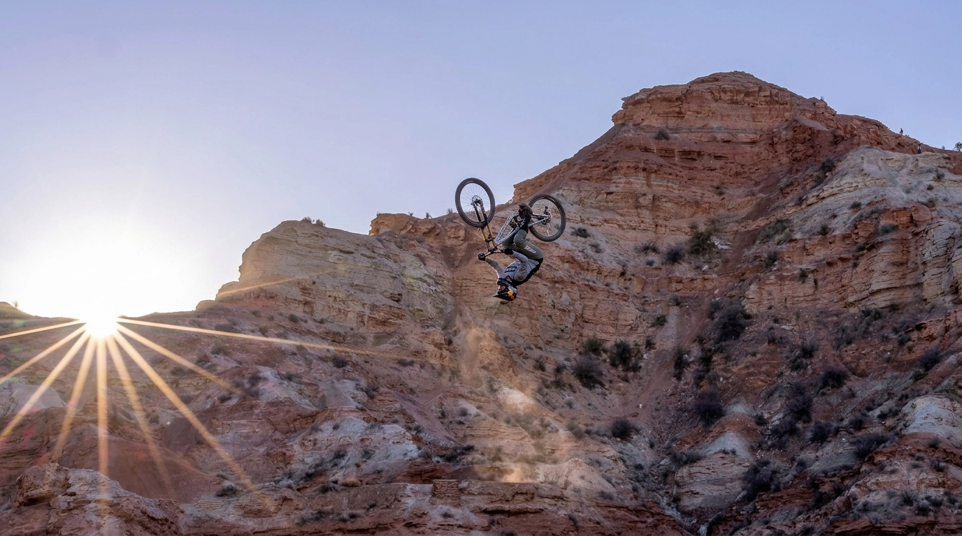 A mountain biker performing a high-altitude backflip against the red sandstone cliffs, captured with sharp focus and natural sunlight.