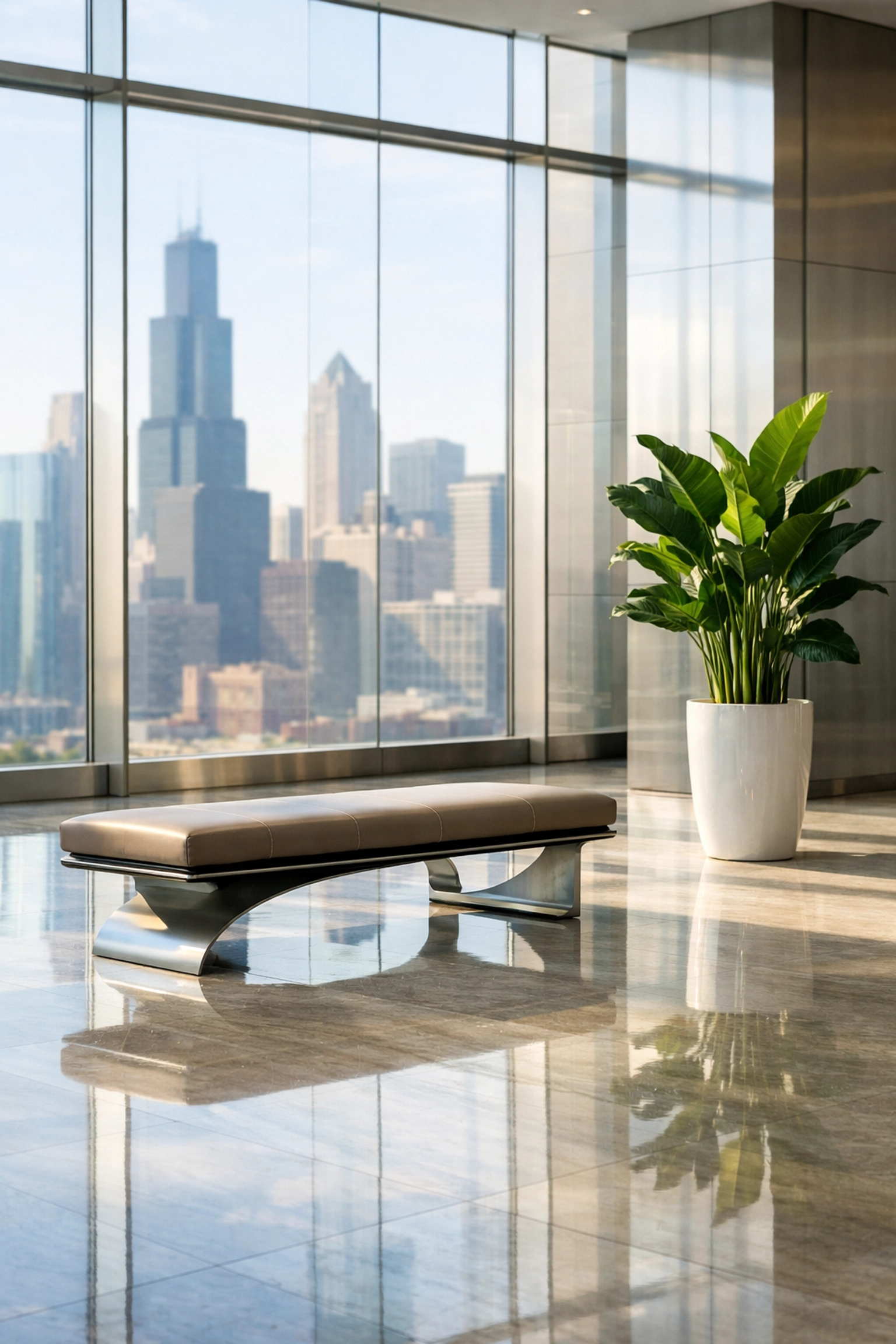 Pristine Chicago corporate lobby with reflective marble floors showing professional deep cleaning results.