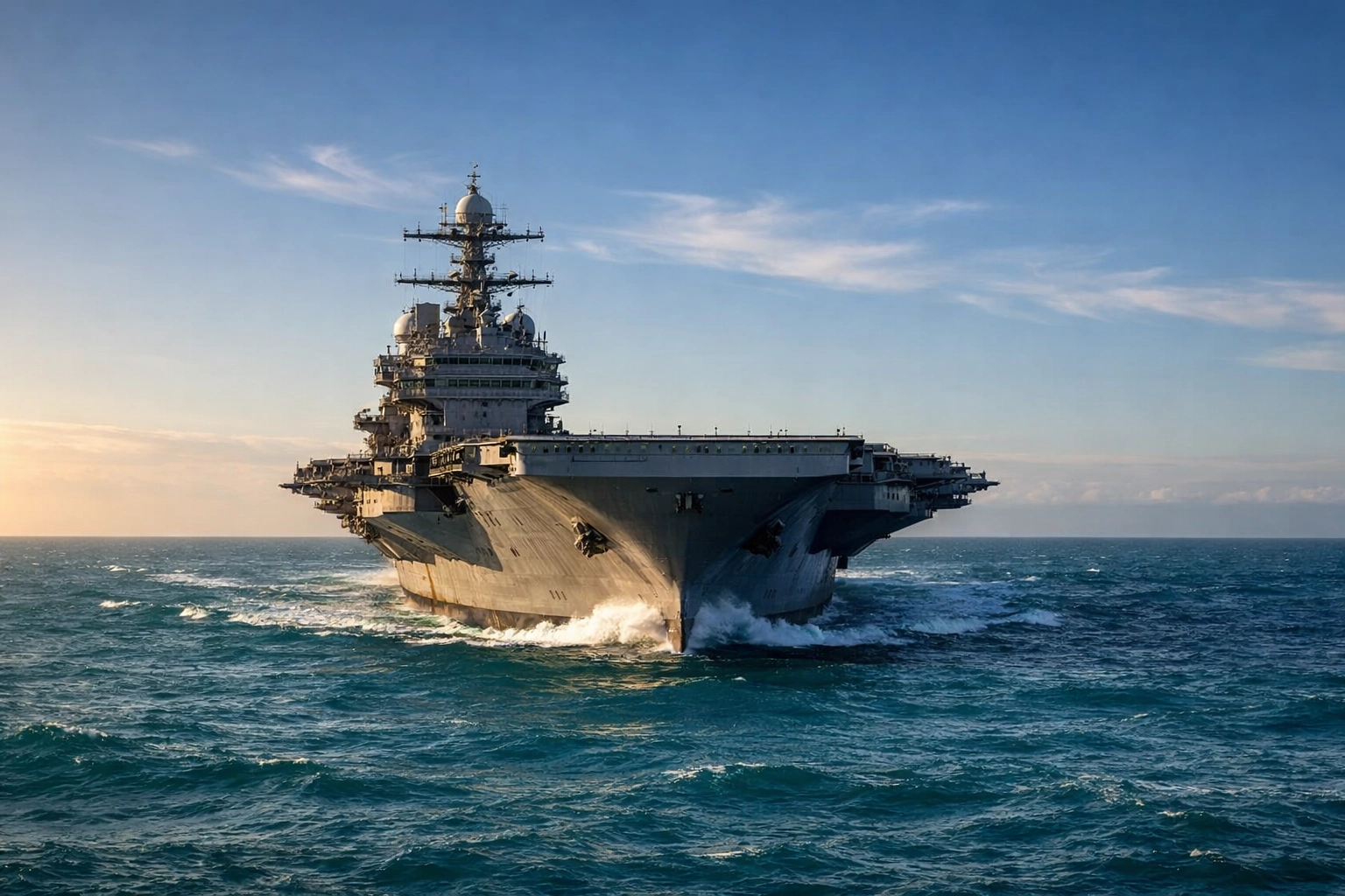 A large U.S. aircraft carrier at sea, illustrating military strength and high-stakes regional diplomacy.