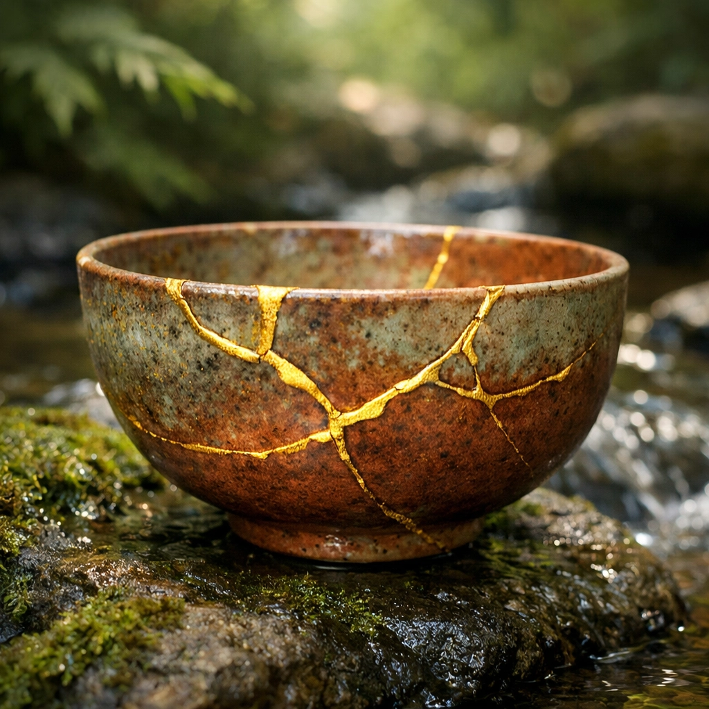 Kintsugi bowl with gold repairs sitting by a stream, illustrating resilience and healing personal wounds.