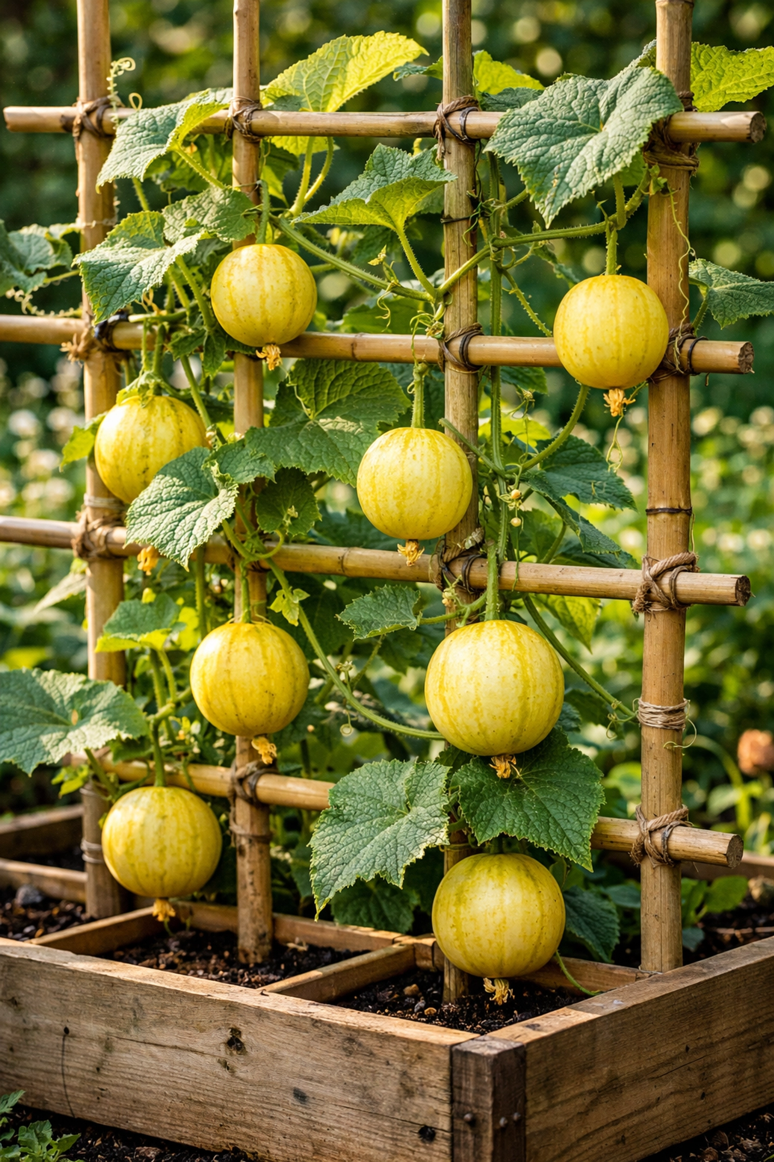 Lemon cucumbers growing on vertical trellis in square foot garden bed
