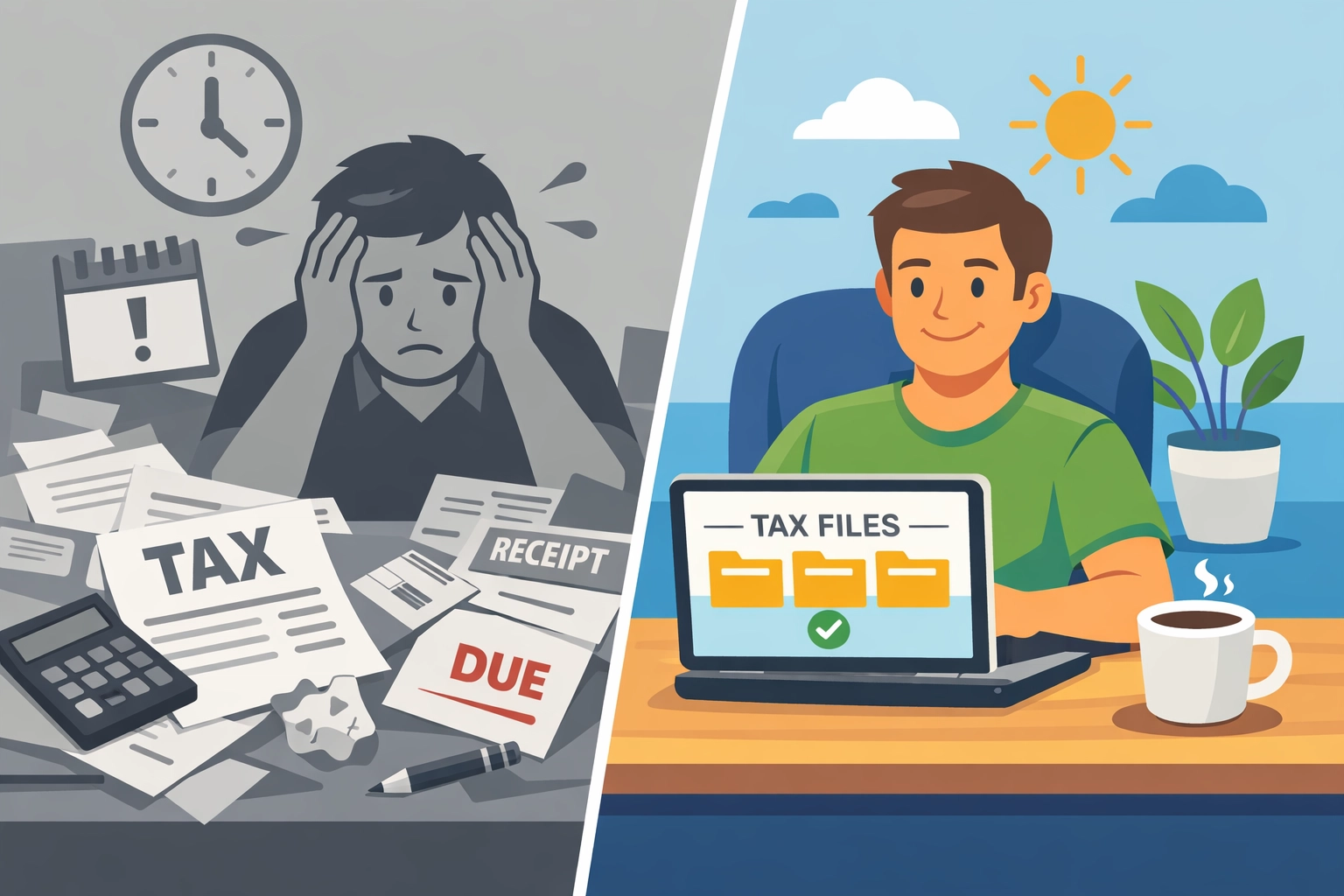 Comparison of disorganized DIY tax prep versus organized concierge tax service