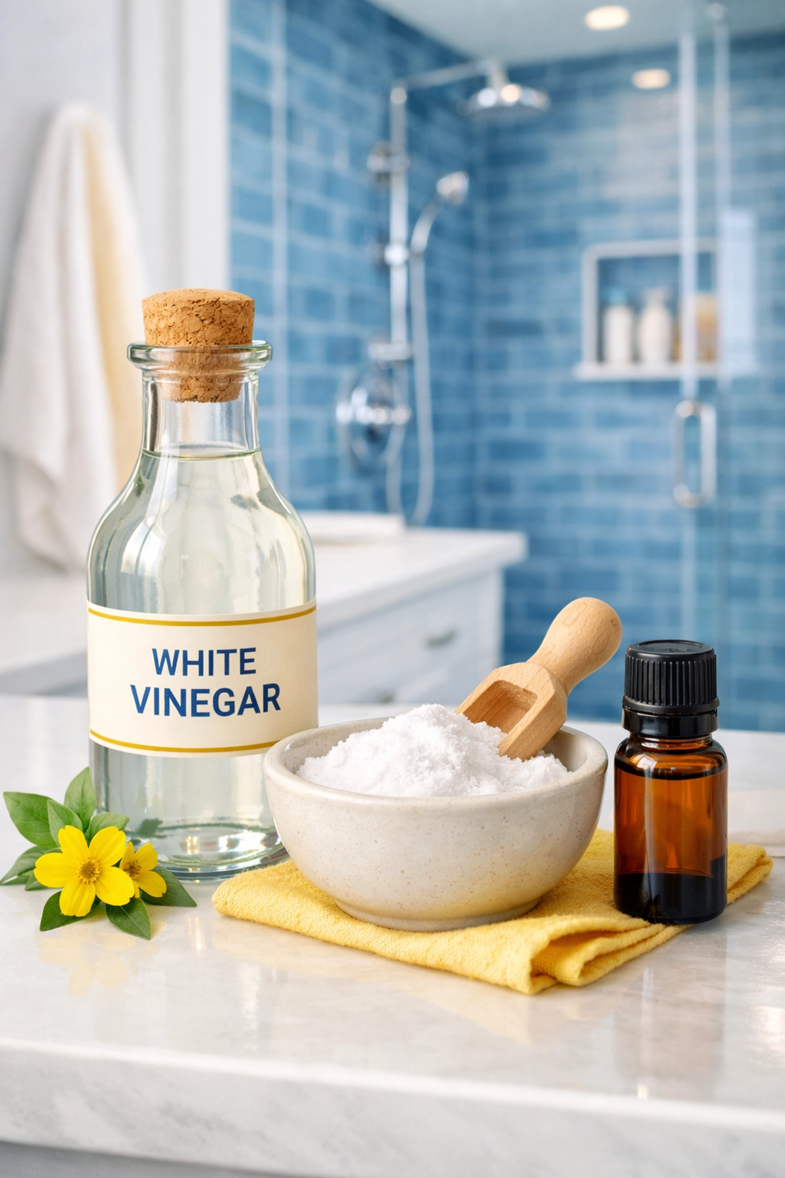 Natural cleaning ingredients like white vinegar, baking soda, and essential oils on a vanity.