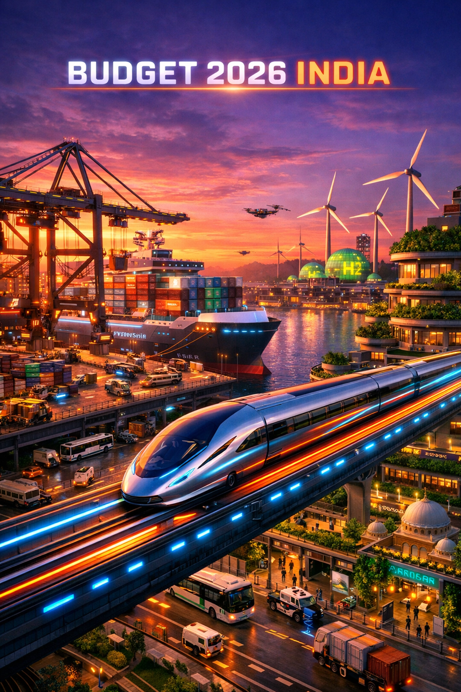 Futuristic transport hubs and green energy projects fueled by the Budget 2026 India roadmap.