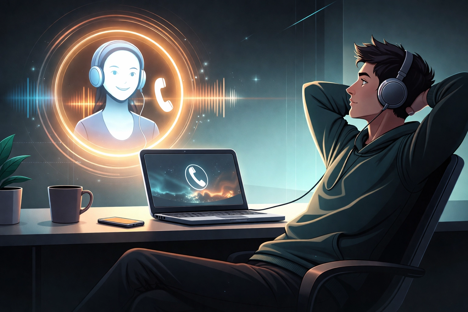 Person mit Kopfhörern am Schreibtisch, während die KI telefoniert – entspannter Alltag dank virtueller Rezeptionistin