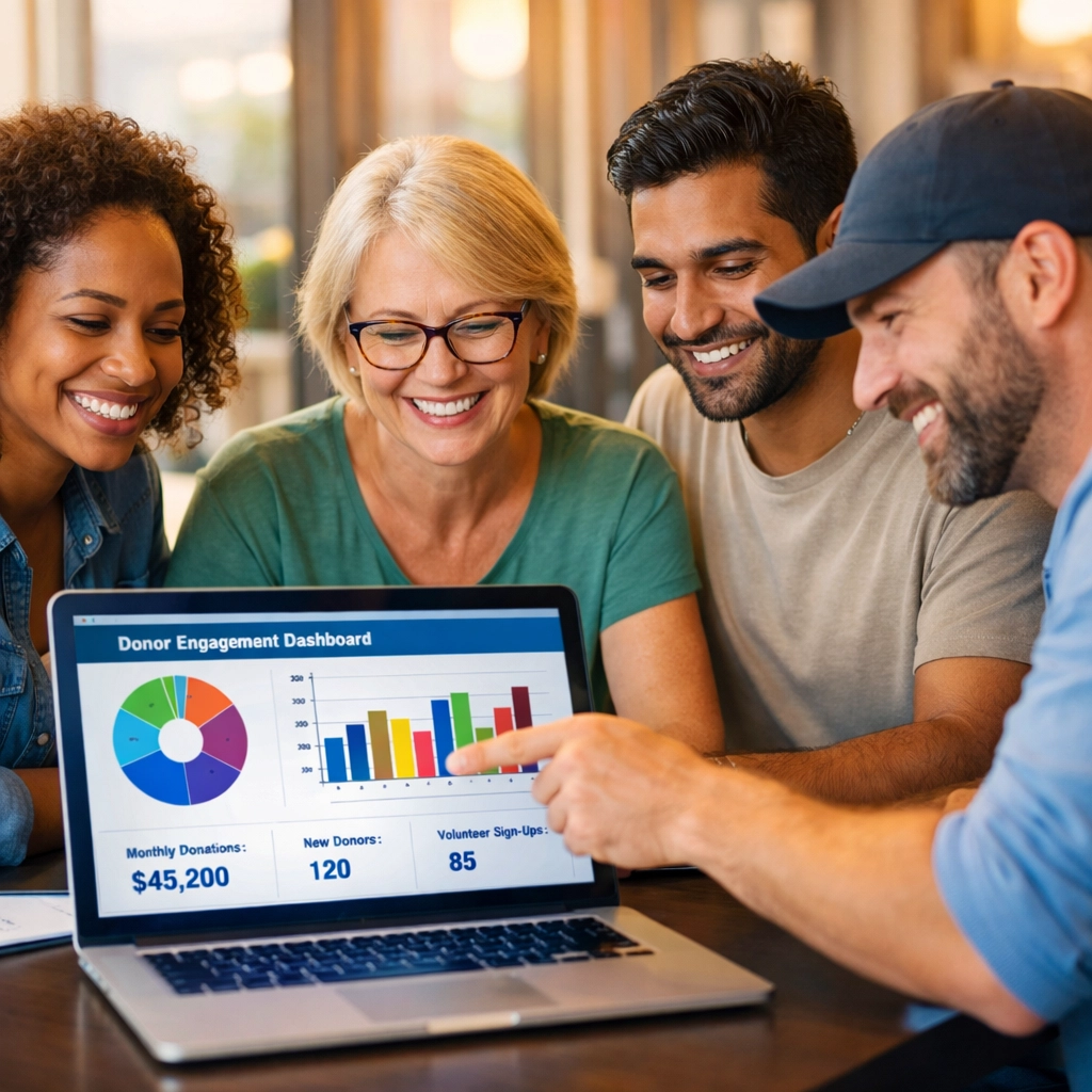 Nonprofit team reviewing donor engagement metrics on laptop to improve retention through automation