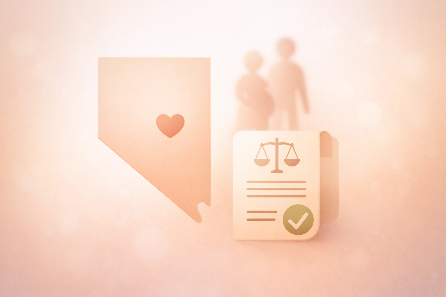 Graphic illustration of the Nevada state outline with a heart and a legal document checkmark, representing clear Nevada surrogacy protections.