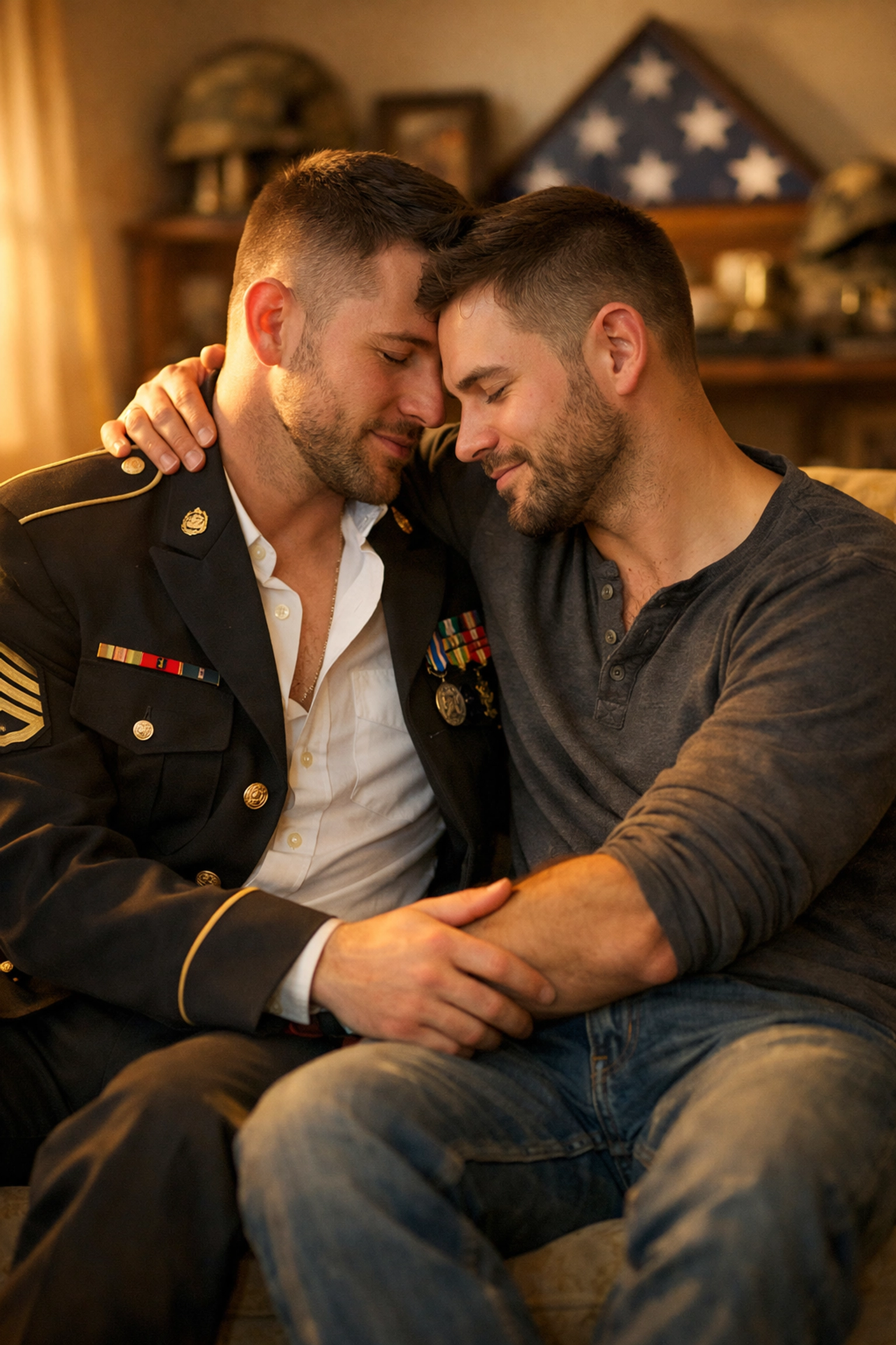 Two gay male veterans embracing during transition from military to civilian life