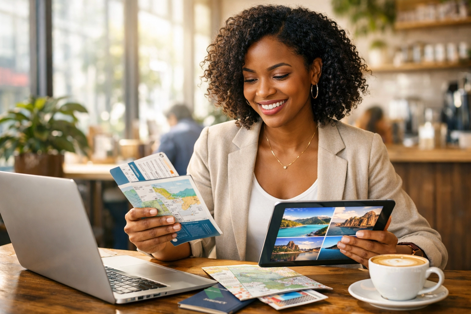 Woman planning flexible travel itinerary with laptop showing stress-free booking approach