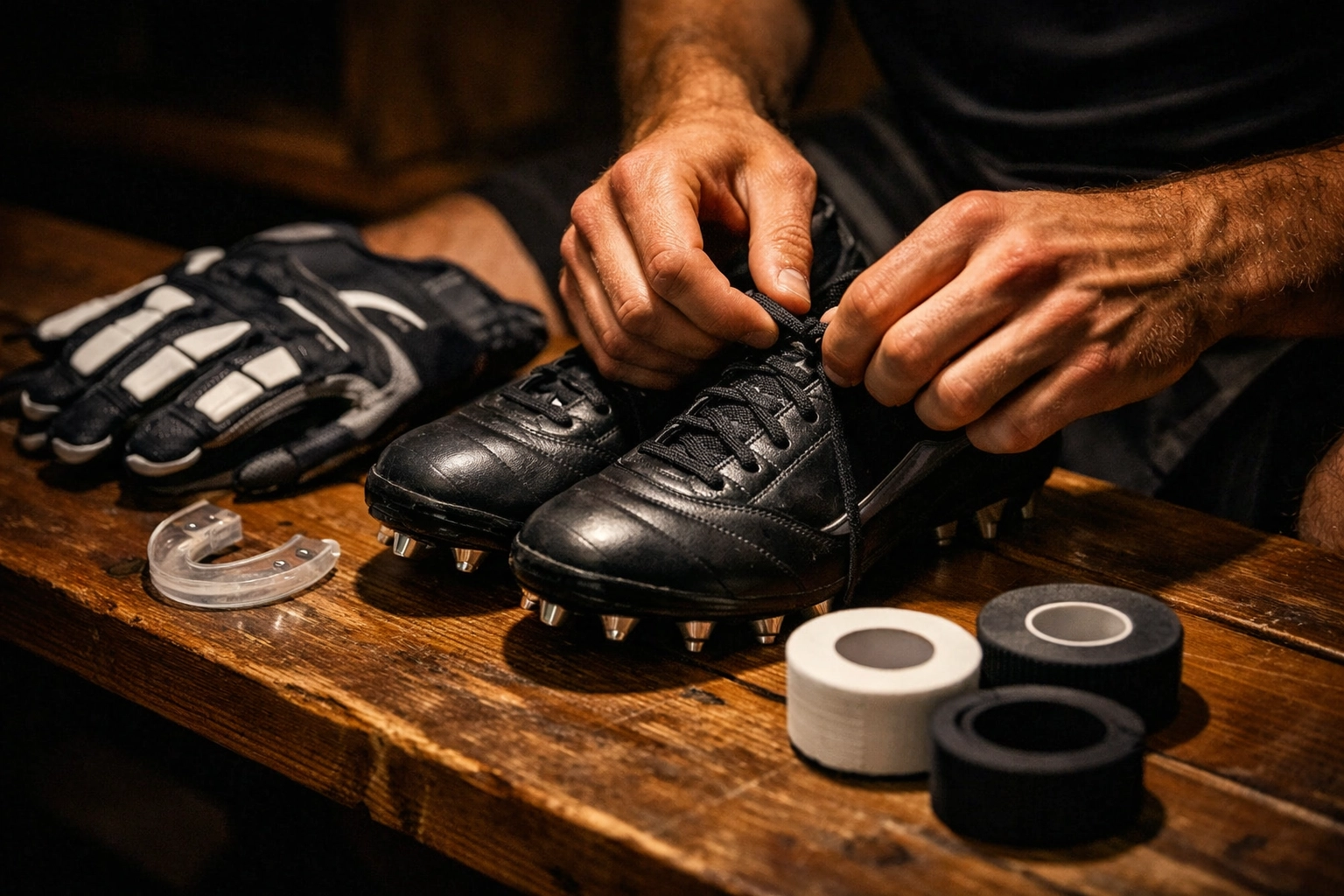 Football player inspecting cleats and pre-game equipment laid out on locker room bench