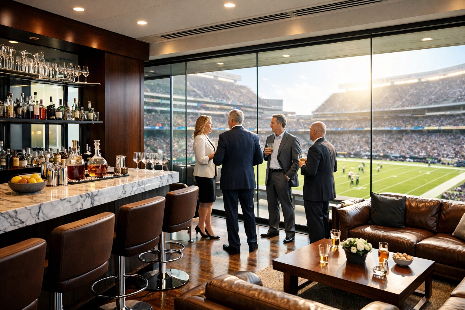 NEWSLETTER: Super Bowl VIP Secrets Revealed: What Elite Concierge Services Don't Want You to Know Executives networking in a luxury Super Bowl stadium suite with views of the football field.