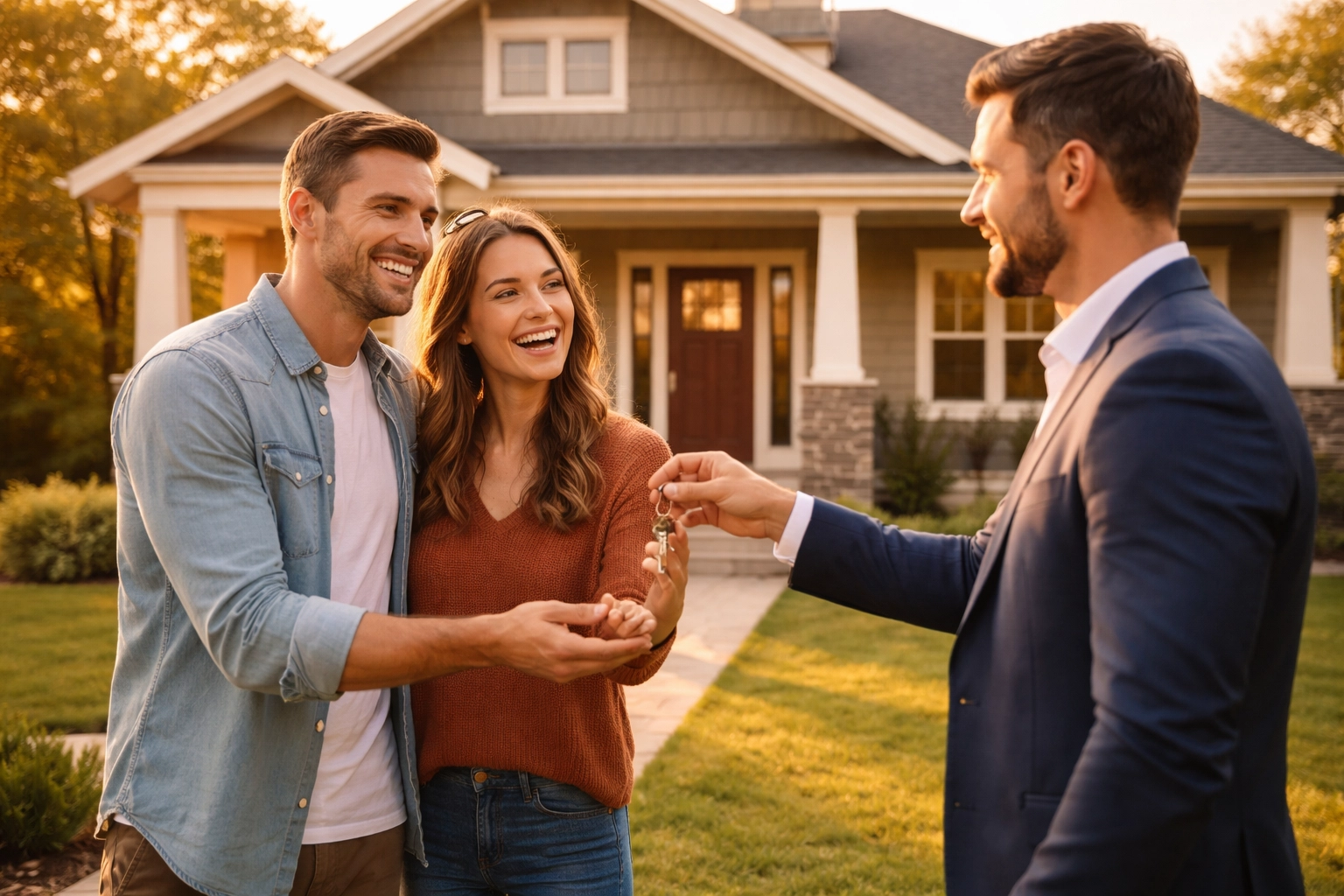 Excited couple receiving house keys from investor after successful rate buydown deal in front of new home