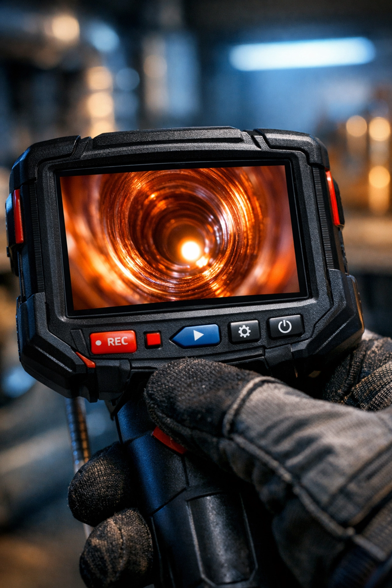 Close-up of a high-tech plumbing inspection camera used by a residential plumber to find leaks and pipe blockages.