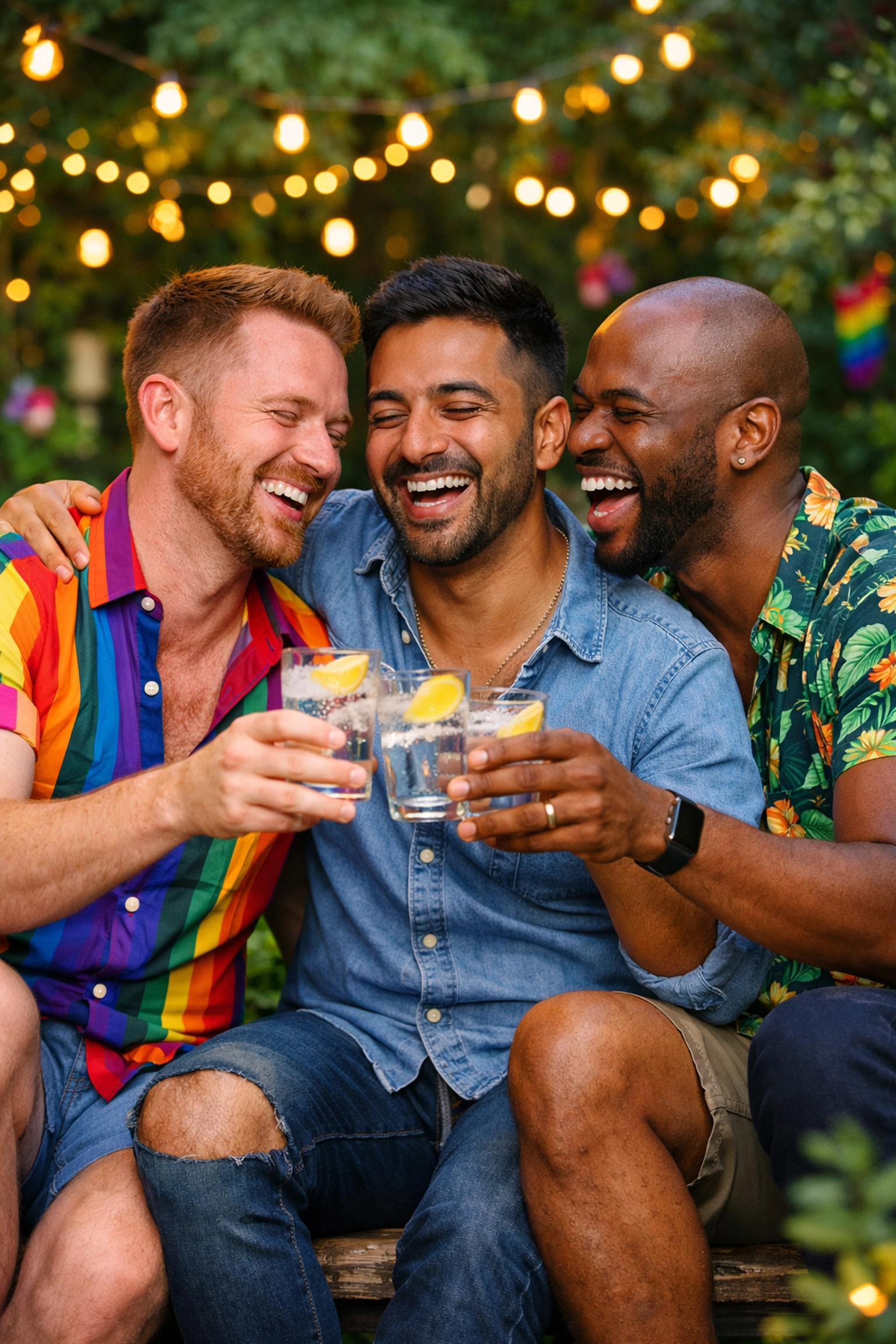 A happy gay throuple celebrating chosen family and non-traditional queer relationship milestones.