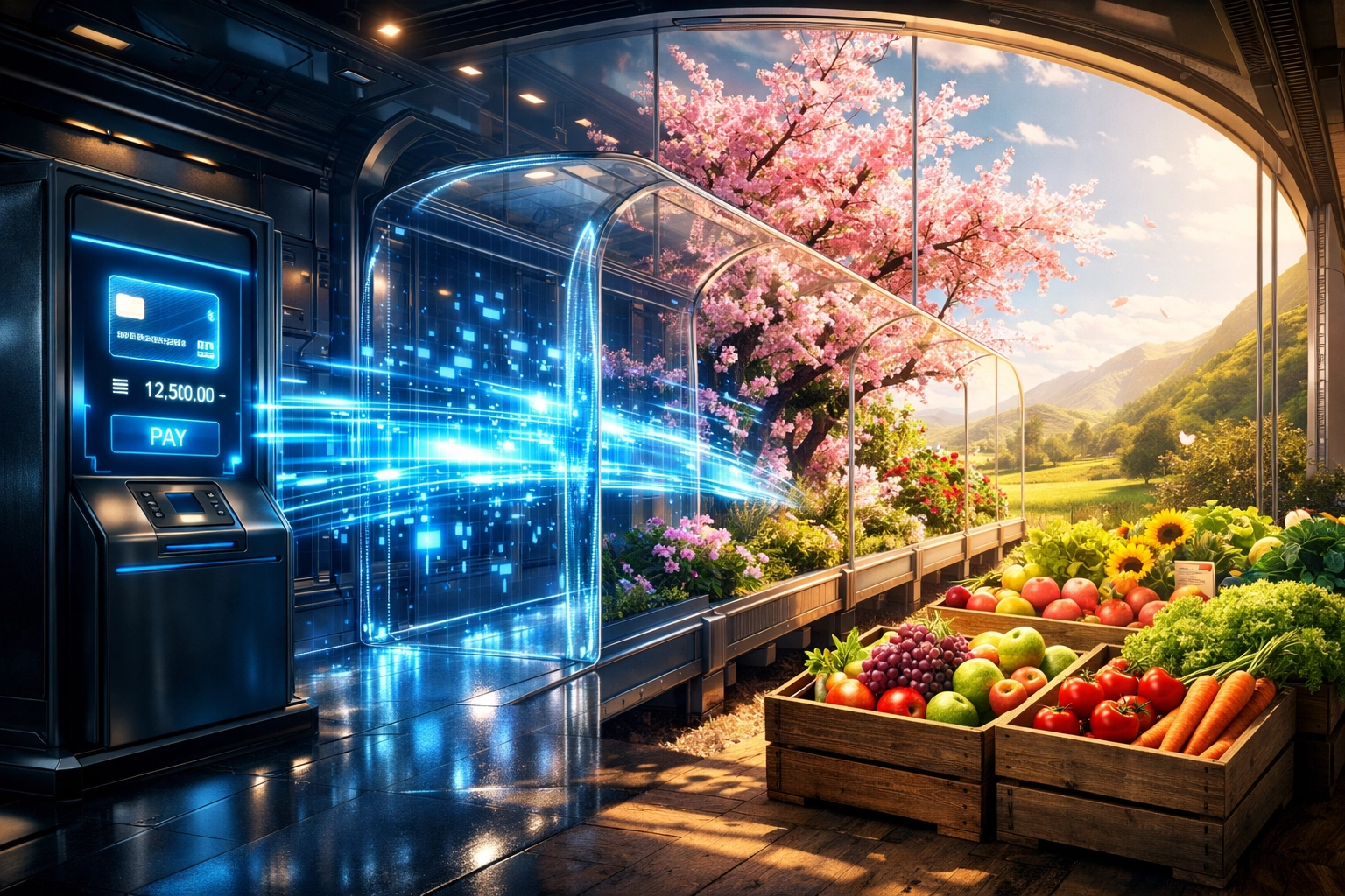 Digital payments transforming into nature and food, representing Larecoin’s automated Web3 social impact model.