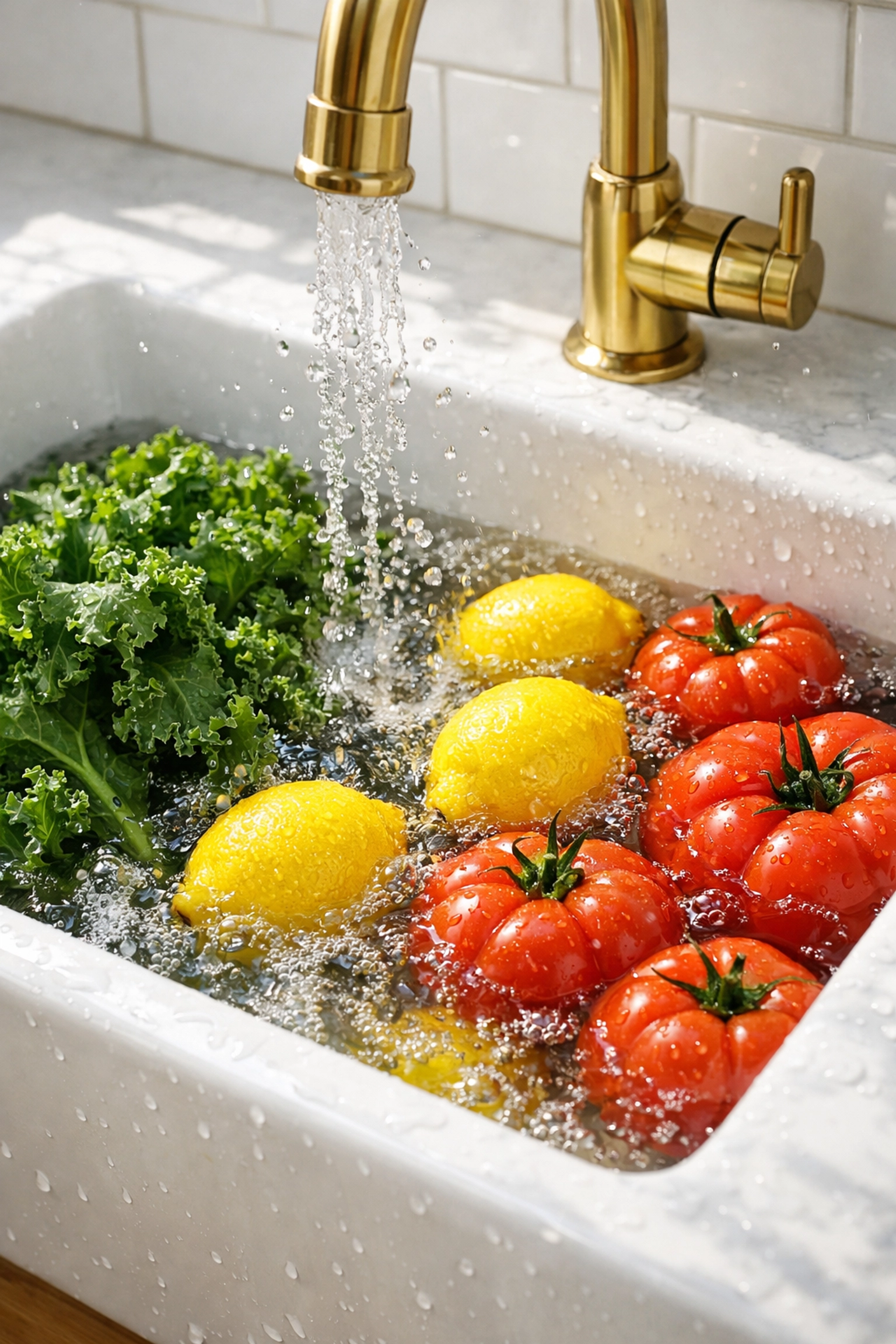 Rinsing fresh vegetables in a farmhouse sink using non-toxic Castile soap for a safe kitchen.