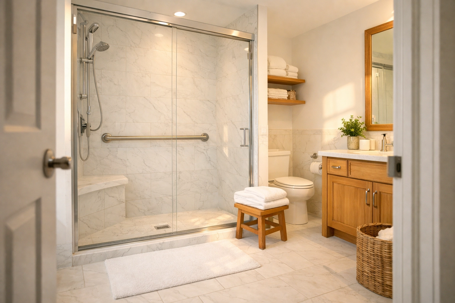 Modern accessible bathroom with a horizontal safety rail installed at a custom height for fall prevention.