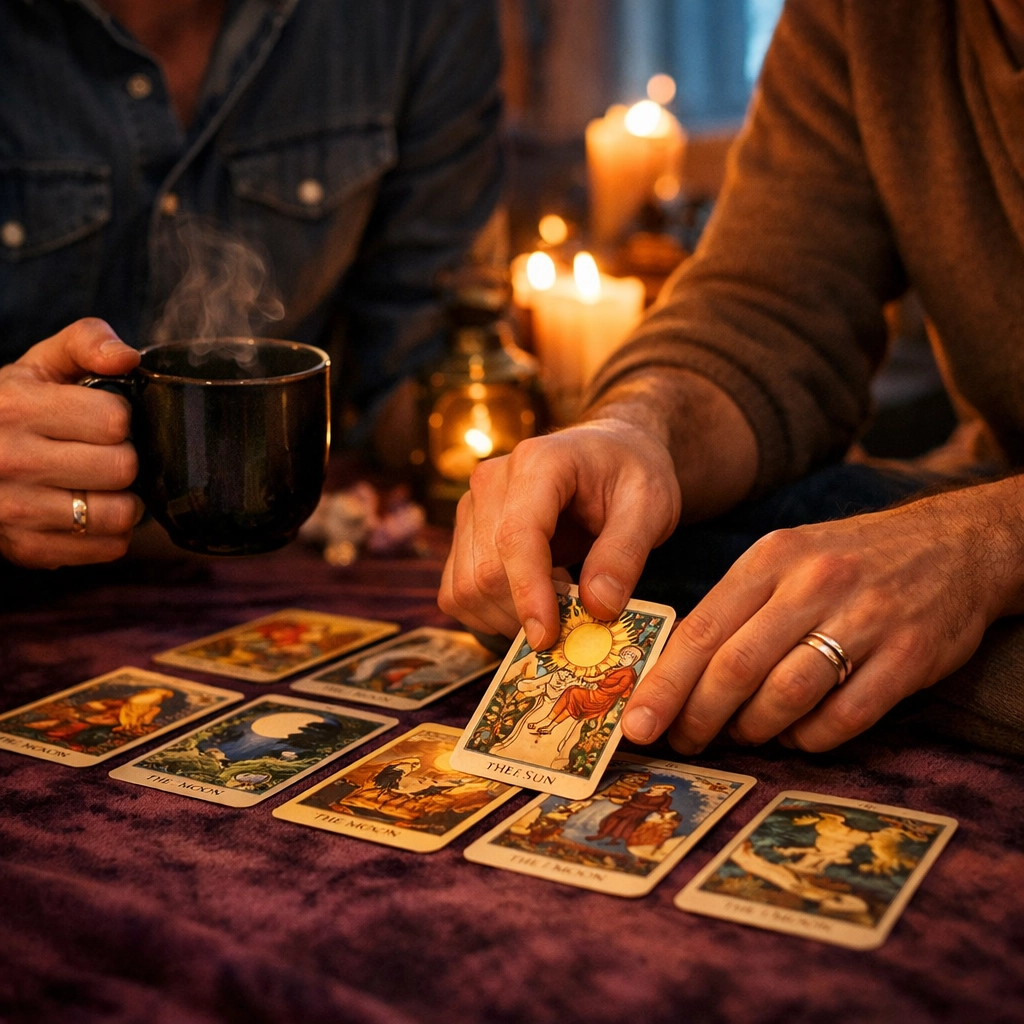 A gay couple using tarot cards for intuitive guidance and queer spiritual connection in a cozy room.