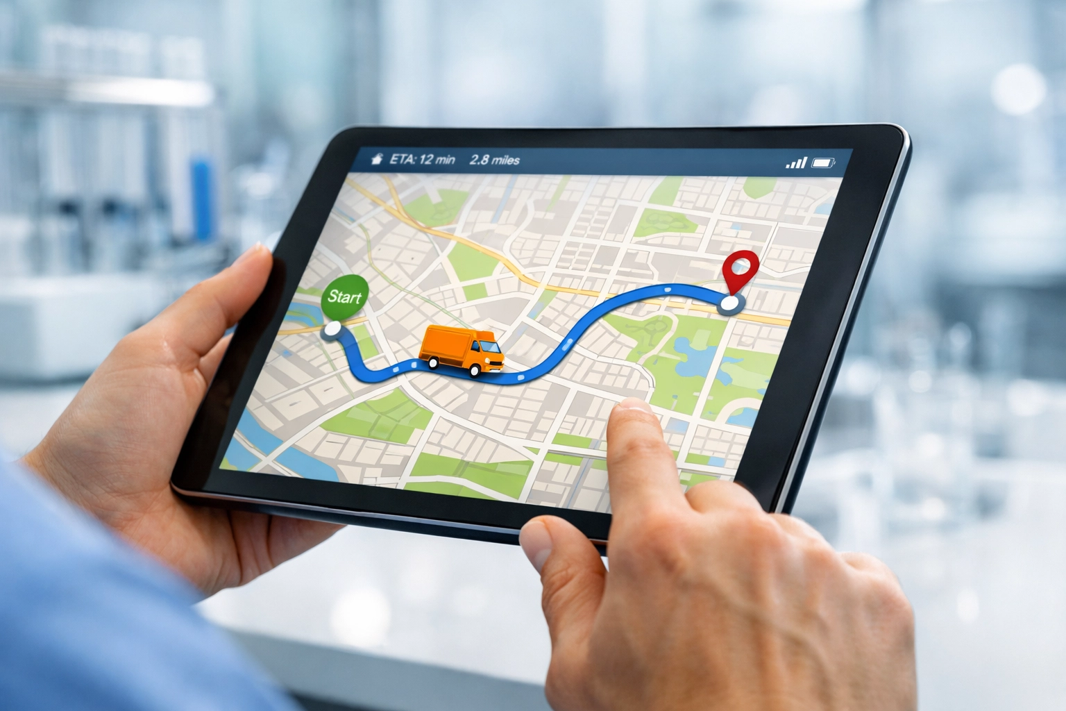 Real-time GPS tracking app on a tablet showing a medical courier delivery route for lab logistics.