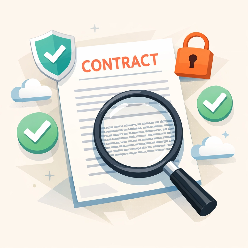 Magnifying glass examining vendor contract terms with data protection security icons