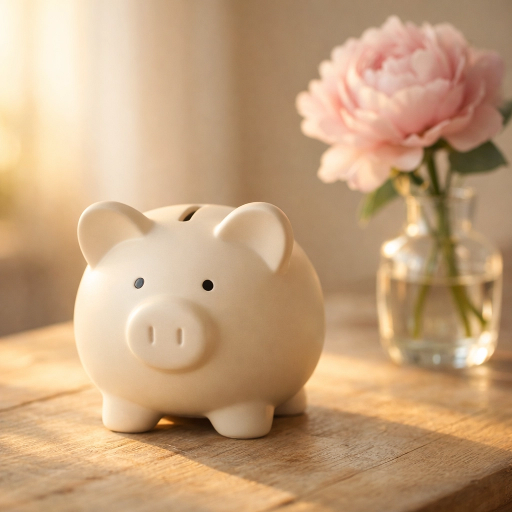 Modern ceramic piggy bank on a sunlit table, symbolizing high-yield wedding savings and debt-free goals.
