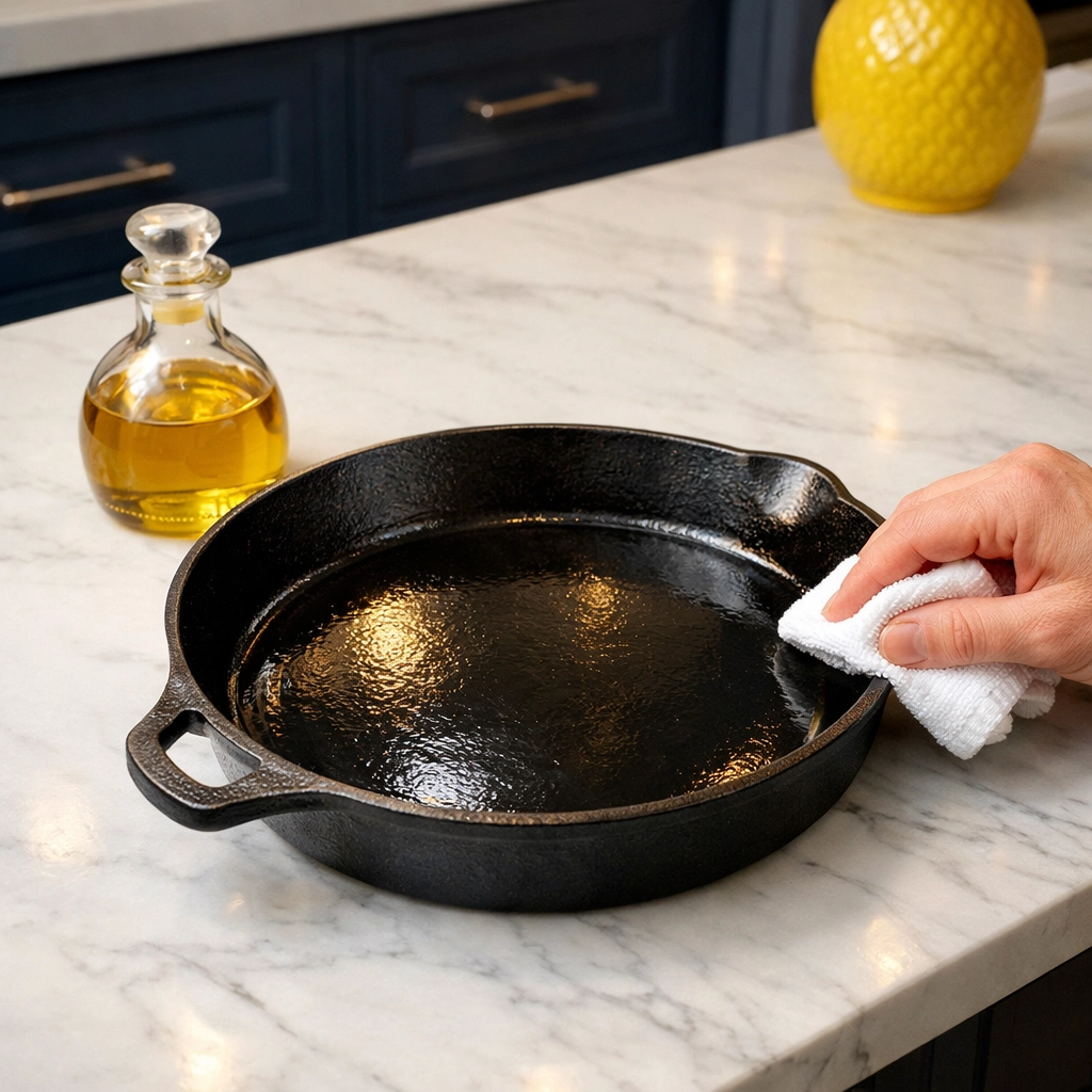 Oiling a cast iron skillet on a kitchen island to preserve the non-stick seasoning layer.