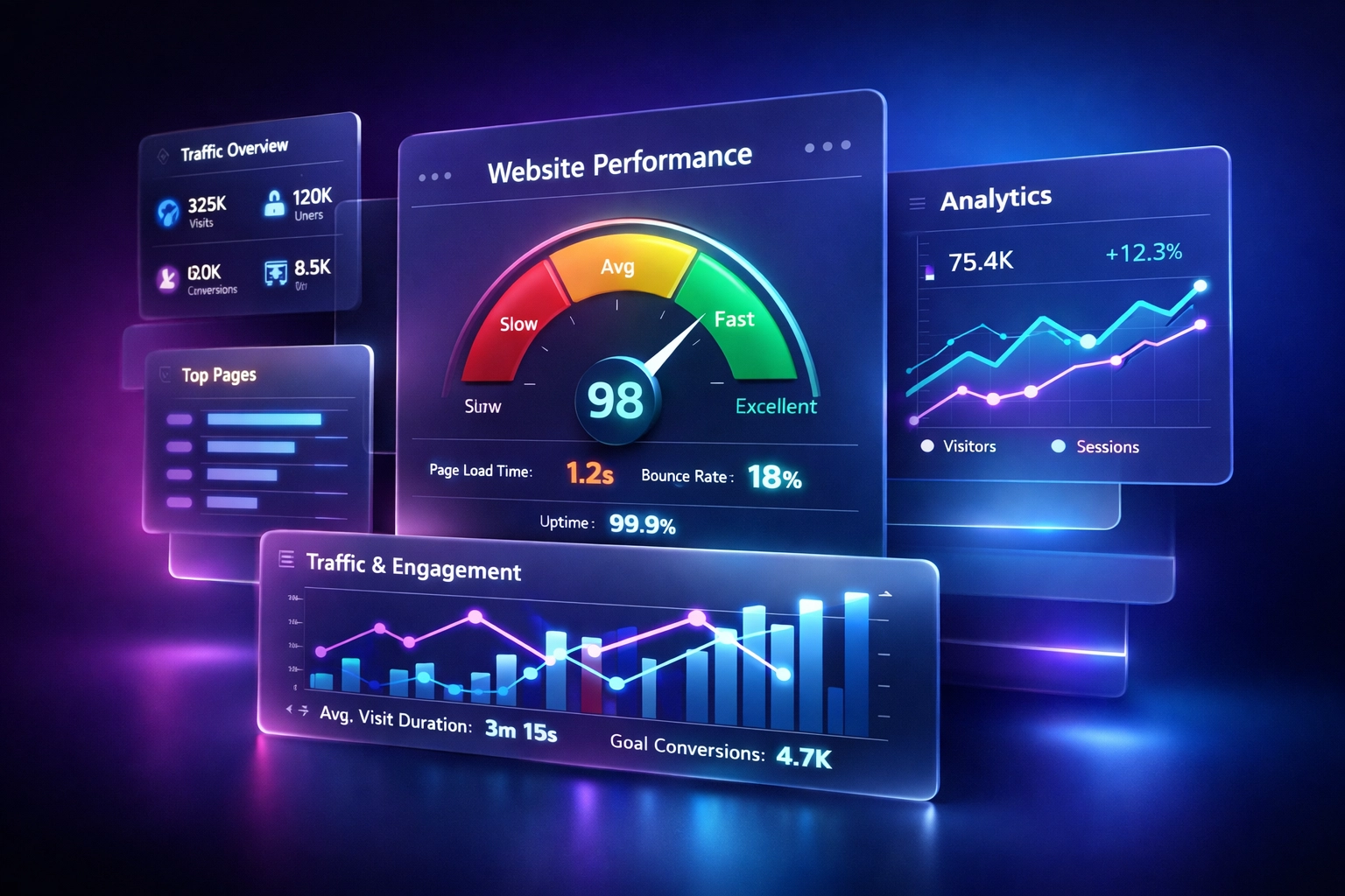Website performance dashboard displaying analytics and speed metrics for growing businesses