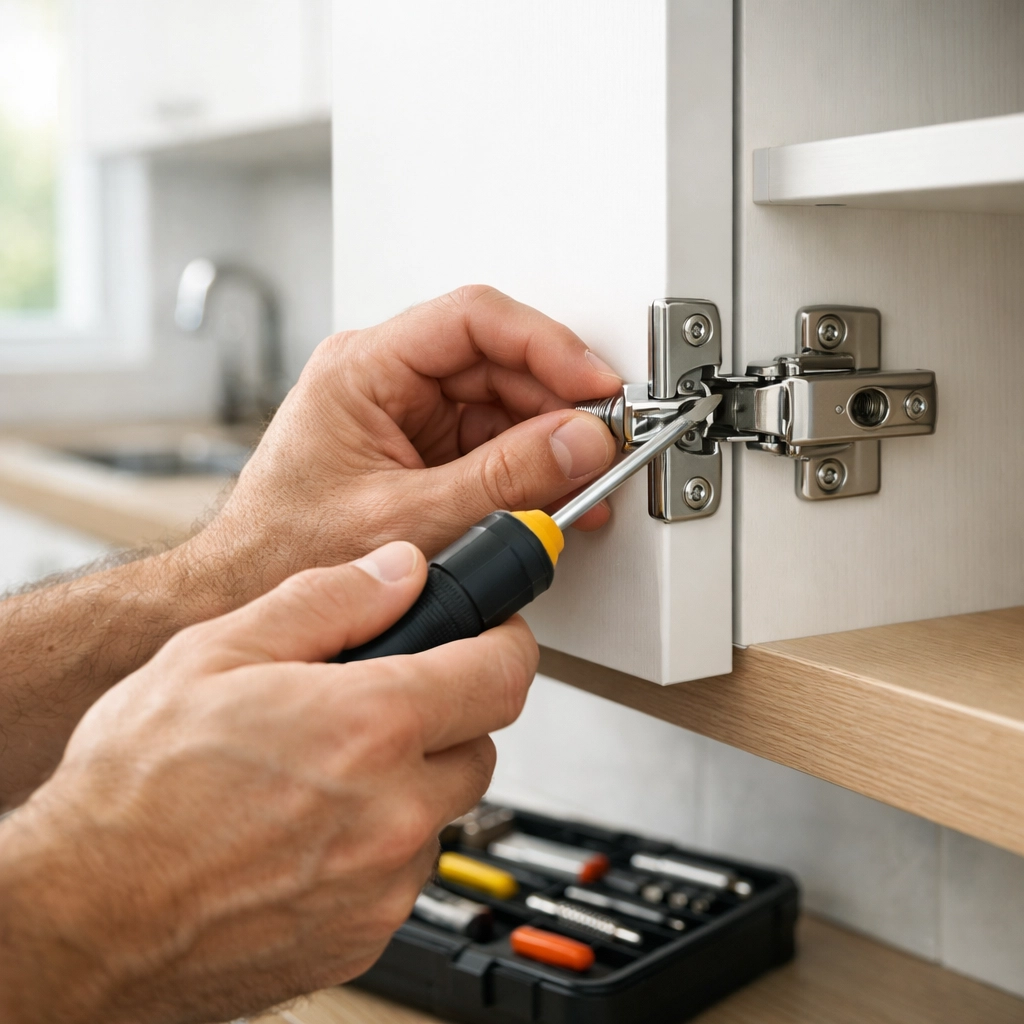 Maintenance professional fixing cabinet hardware during apartment turnover