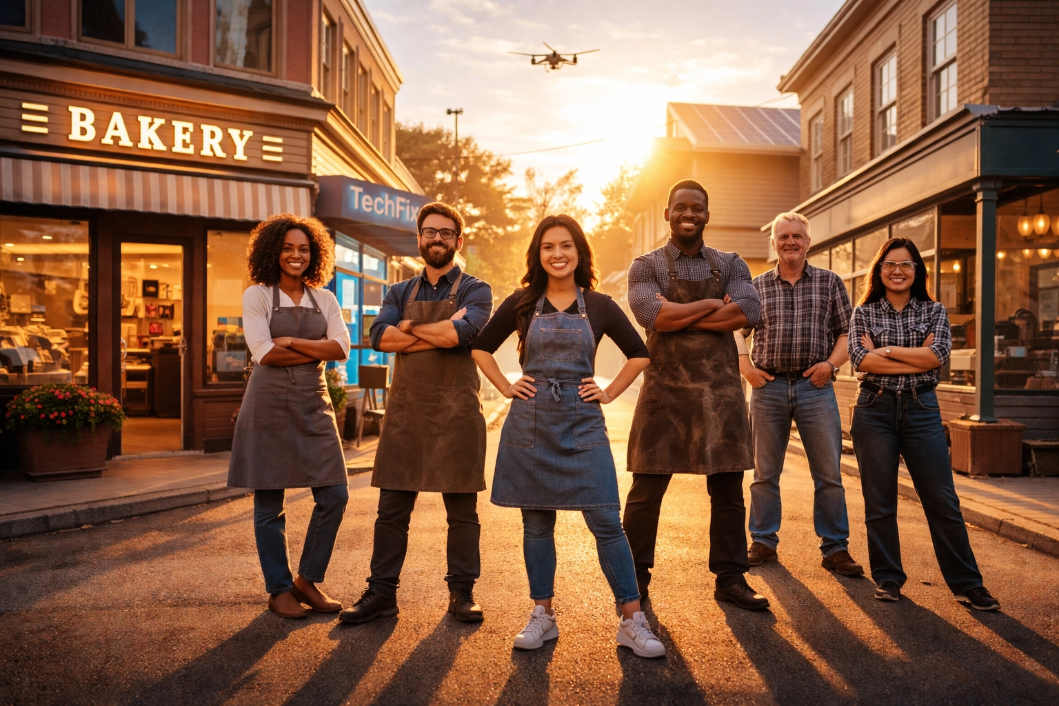 Diverse small business owners stand confidently on Main Street, representing innovation and American business transformation.