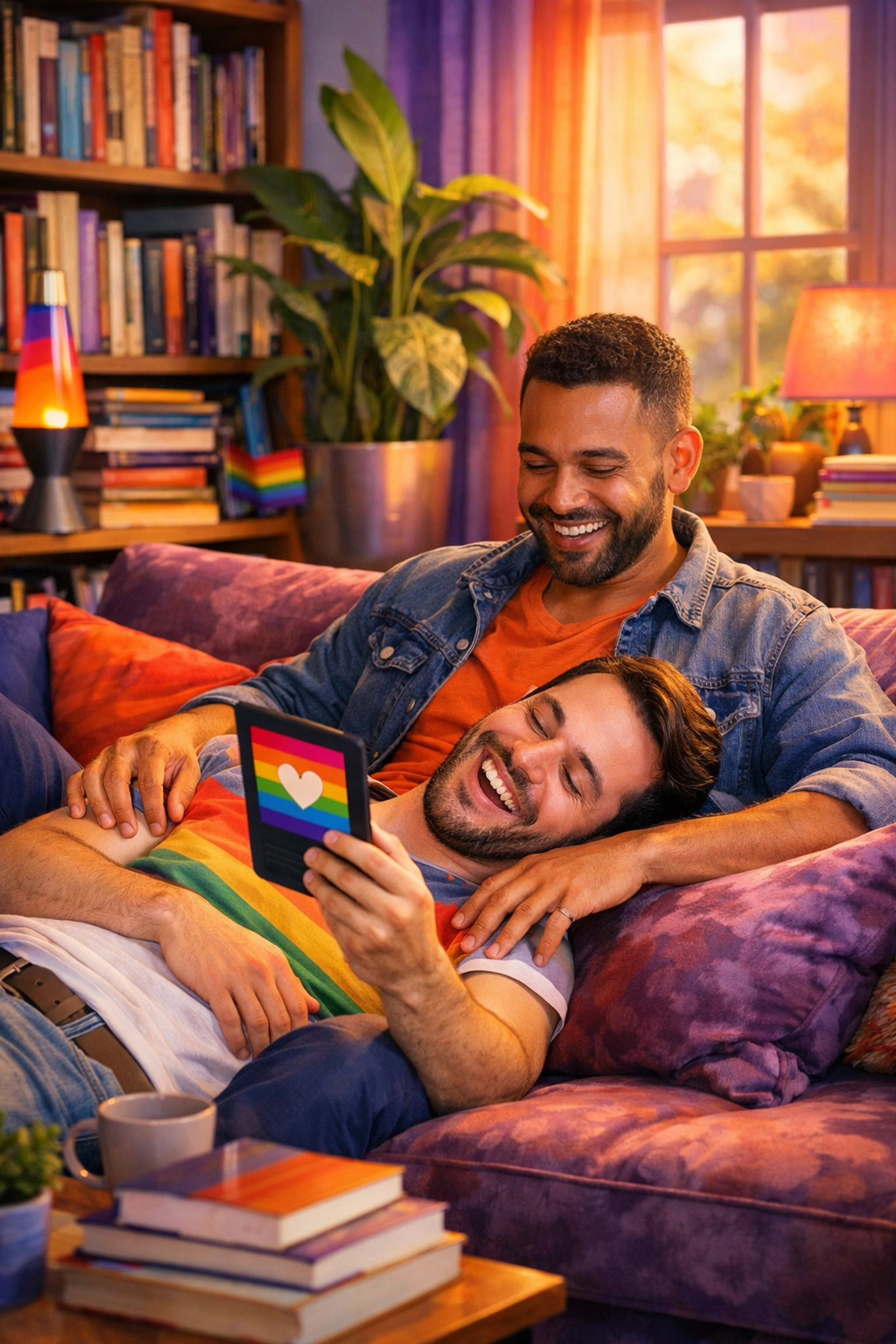 Diverse gay couple laughing while reading LGBTQ+ ebooks together, exploring the best modern gay fiction.
