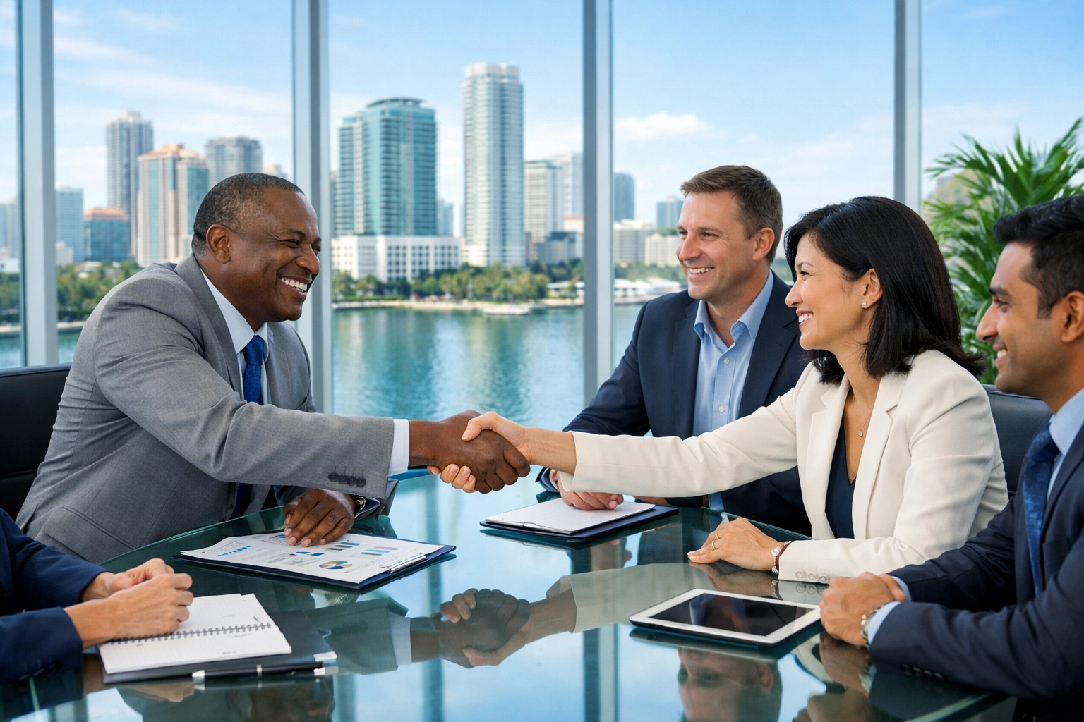 Empresarios internacionales cerrando acuerdo comercial en oficina de Florida