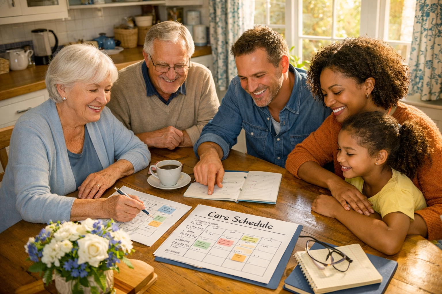 Family planning flexible home care schedule together at kitchen table