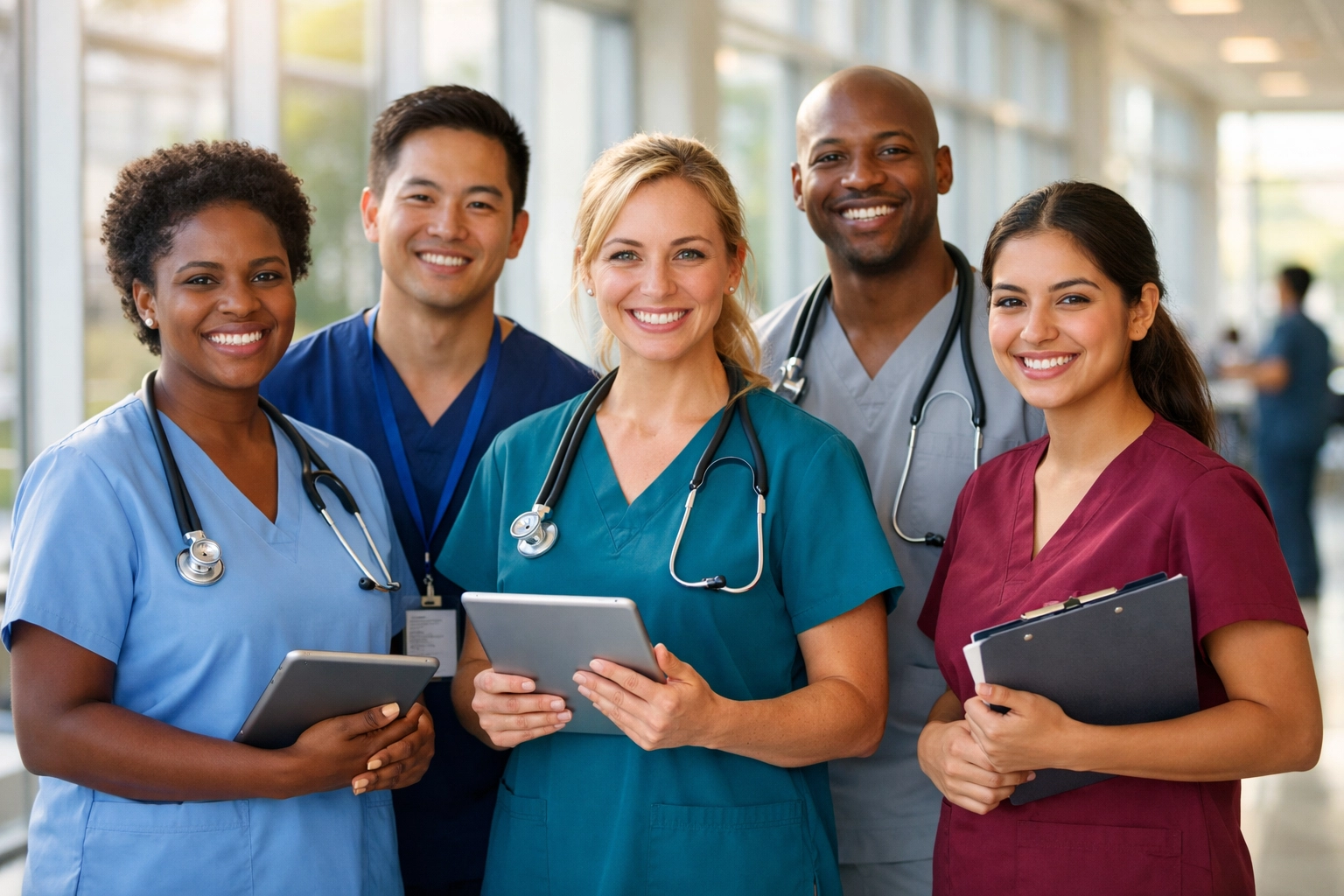 Healthcare workers team in Mercer County hospital discussing patient care opportunities
