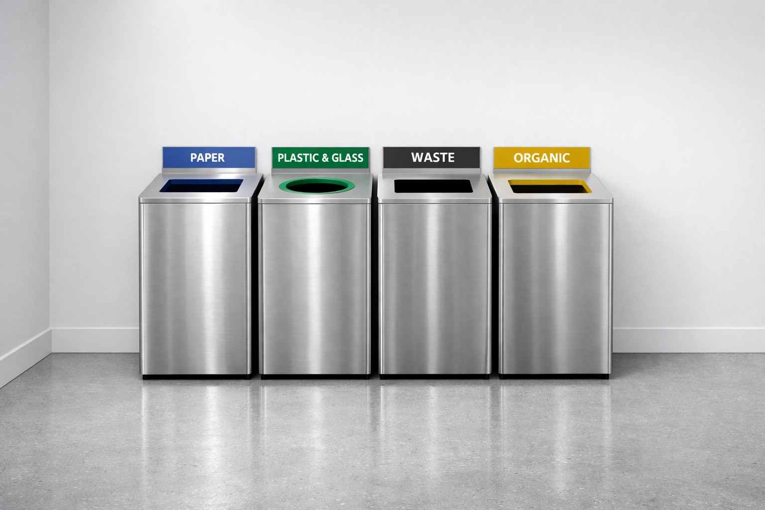 Organized stainless steel recycling and waste bins in a clean high-rise utility area for building hygiene.