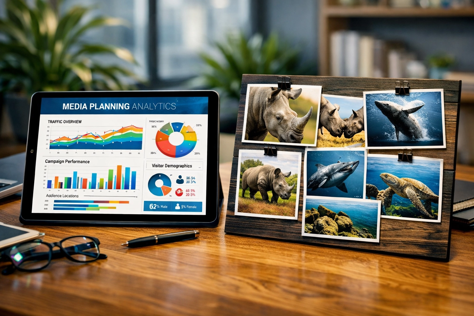 Media planner analyzing zoo visitor demographics and conservation marketing strategies on a digital tablet.