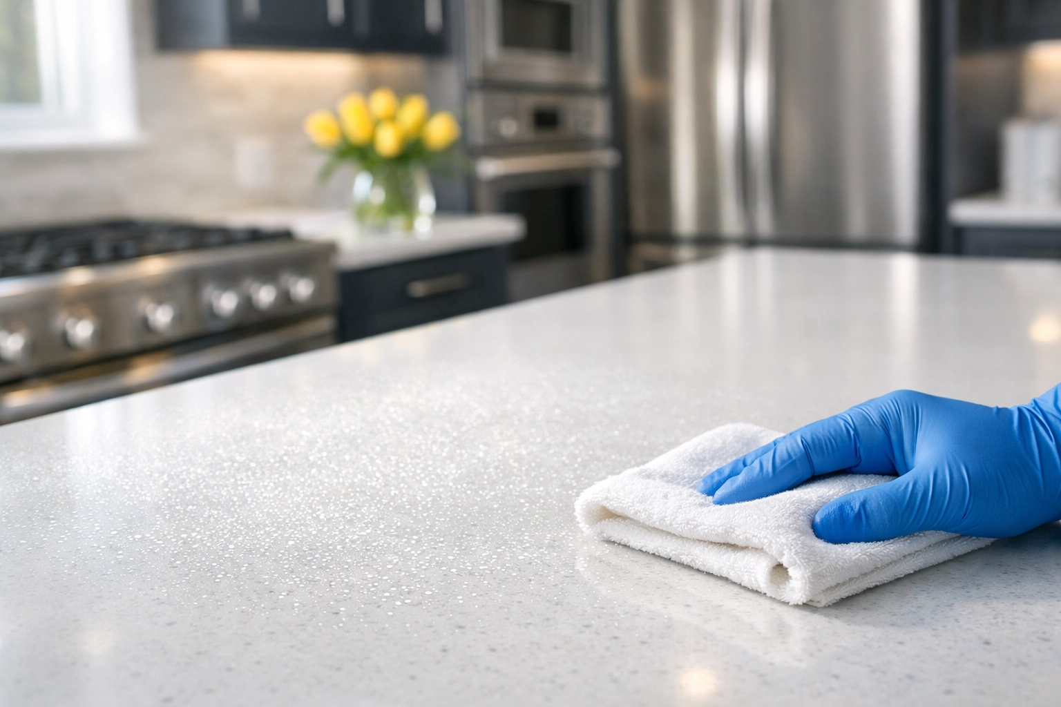 Professional deep cleaning Worcester technician letting solution dwell on a luxury kitchen quartz countertop.