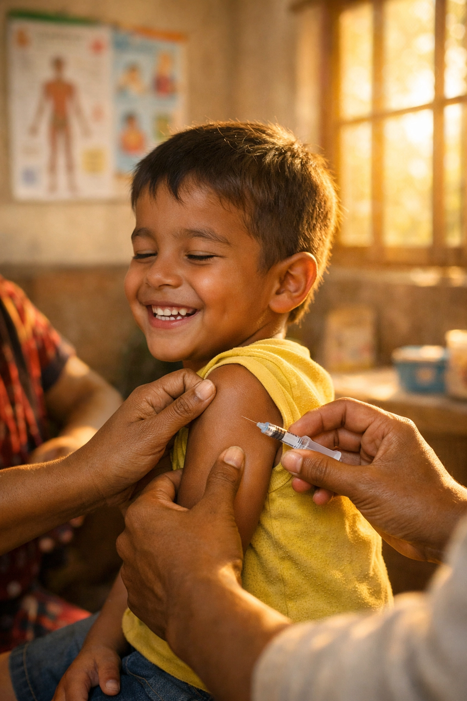 Health worker administering childhood vaccine showing global vaccination progress