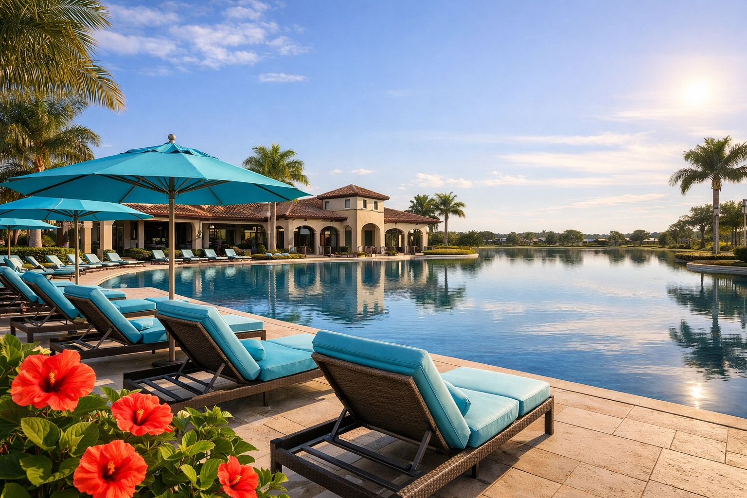 Infinity pool and clubhouse amenities at a premier gated community in Cape Coral Florida.