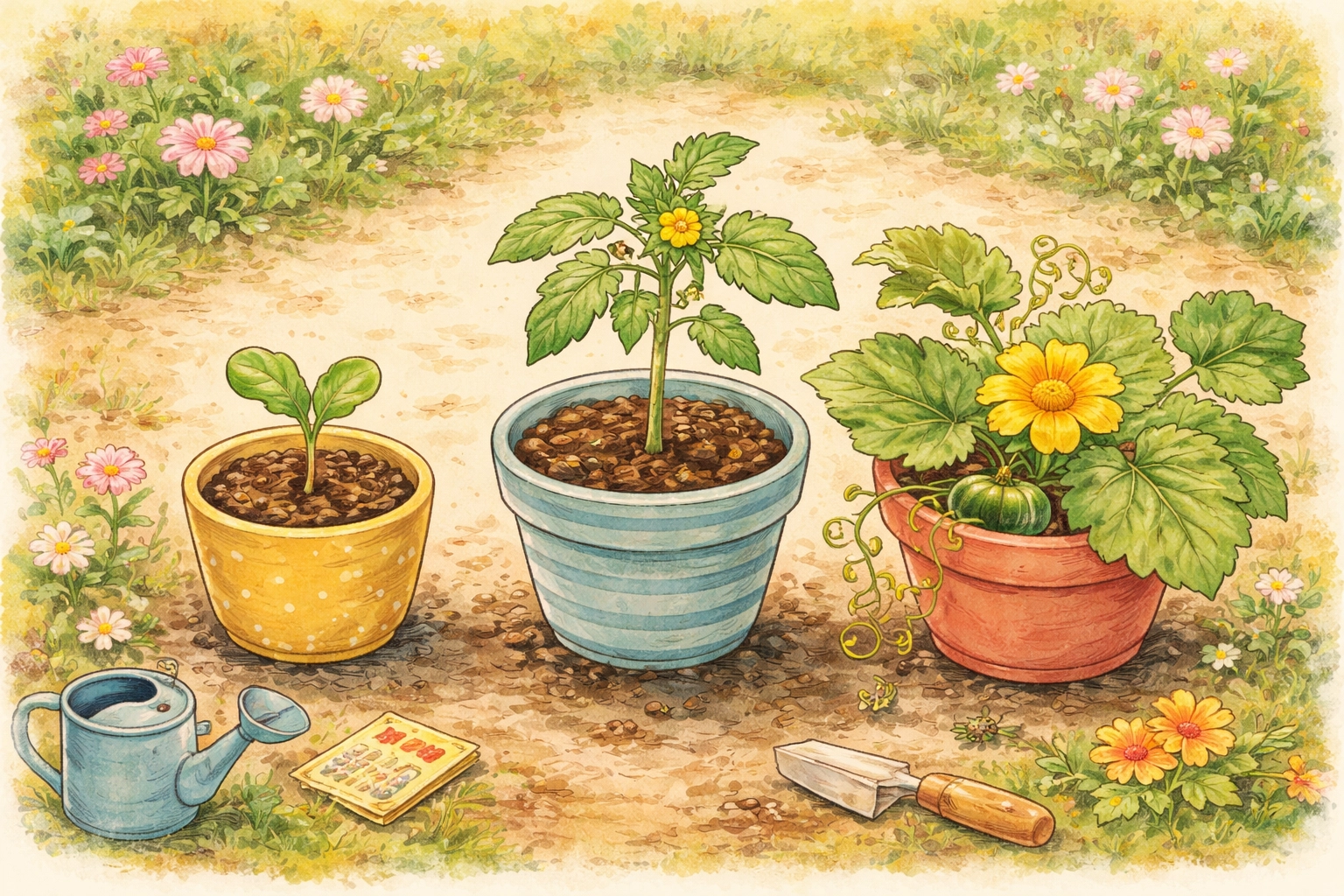 Three potted plants at different growth stages highlight how kids learn everyone grows at their own pace.
