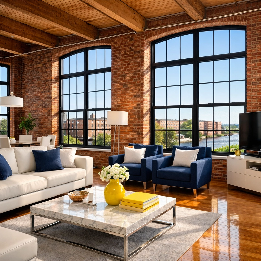 Professionally cleaned industrial loft near Lowell National Historical Park showing expert house cleaning Lowell MA.