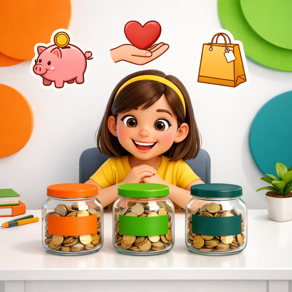 Young girl learning biblical stewardship with savings jars for budgeting and giving