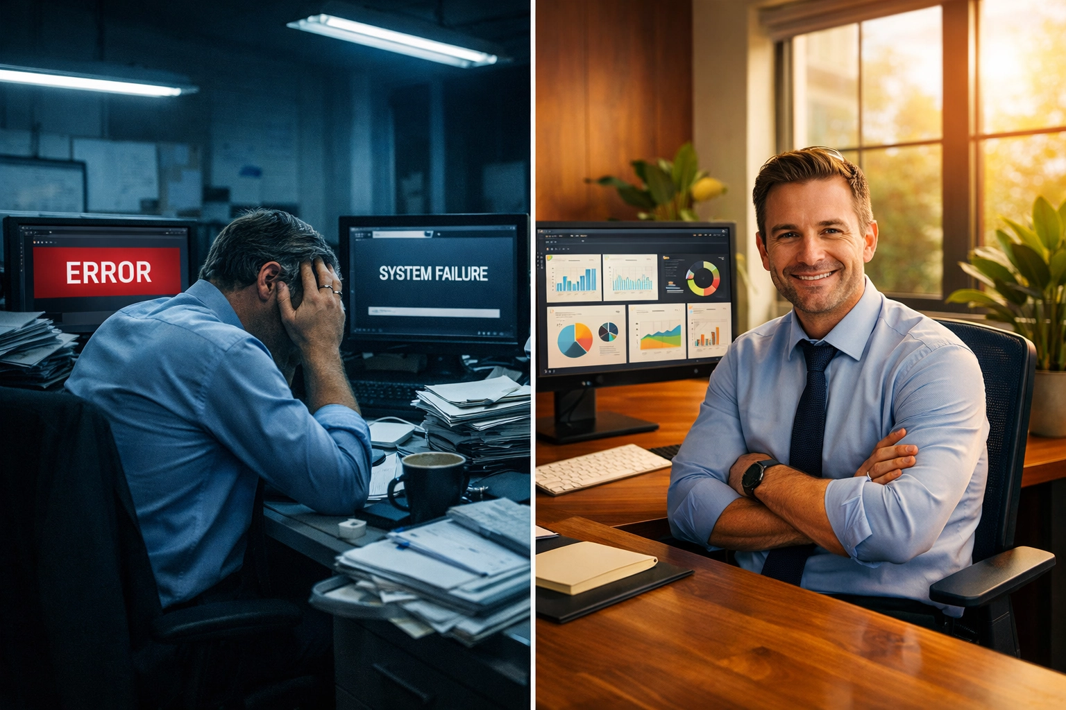 Before and after comparison showing workplace transformation from chaos to streamlined operations