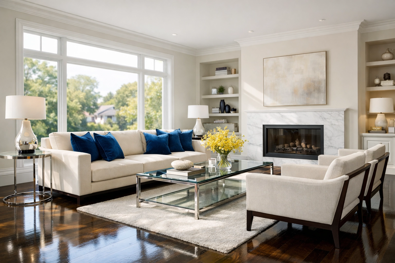 Impeccably clean living room with hardwood floors showing the results of professional house cleaning Worcester MA.