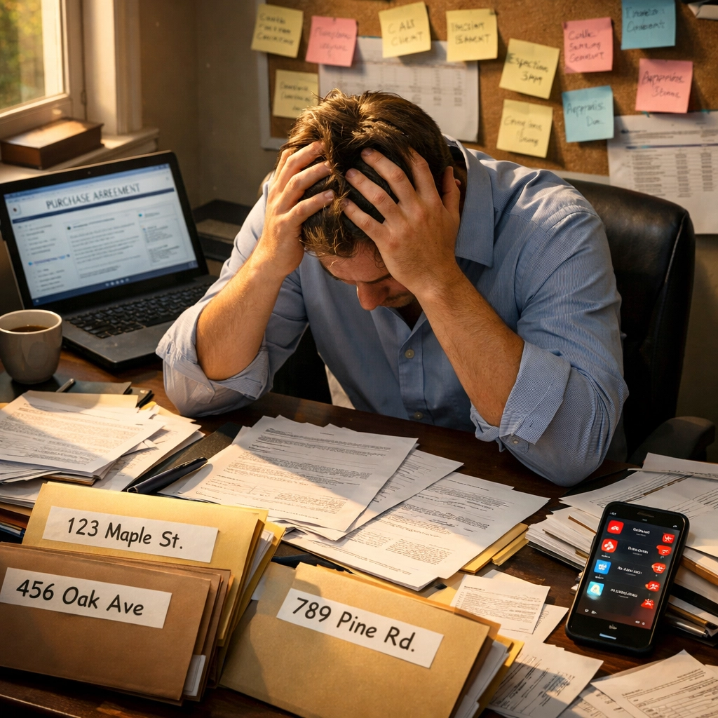 Overwhelmed real estate agent managing multiple transactions with cluttered desk and scattered paperwork