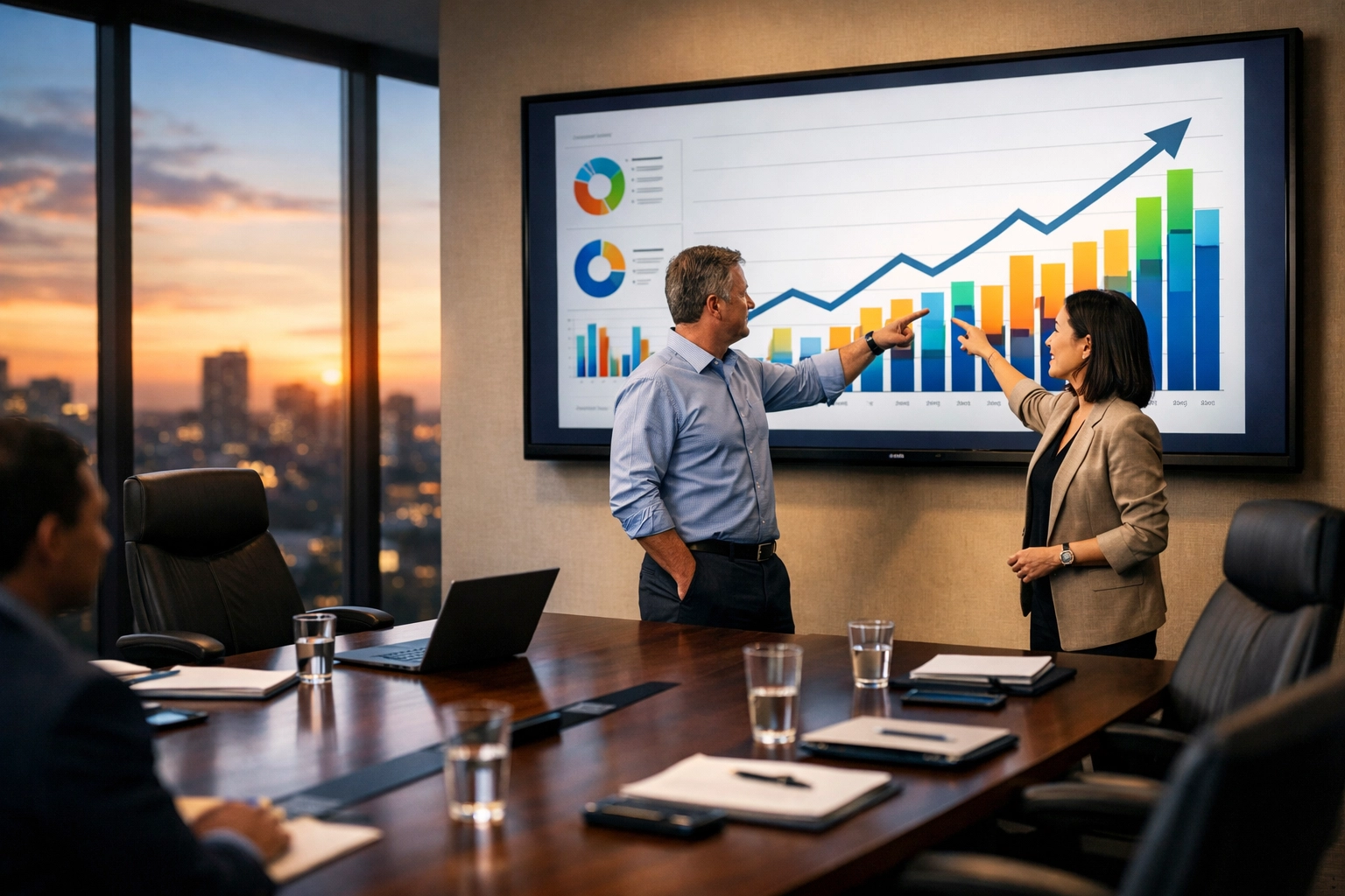 Strategic alignment meeting showing growth metrics and performance dashboards managed by Dakdan Worldwide.