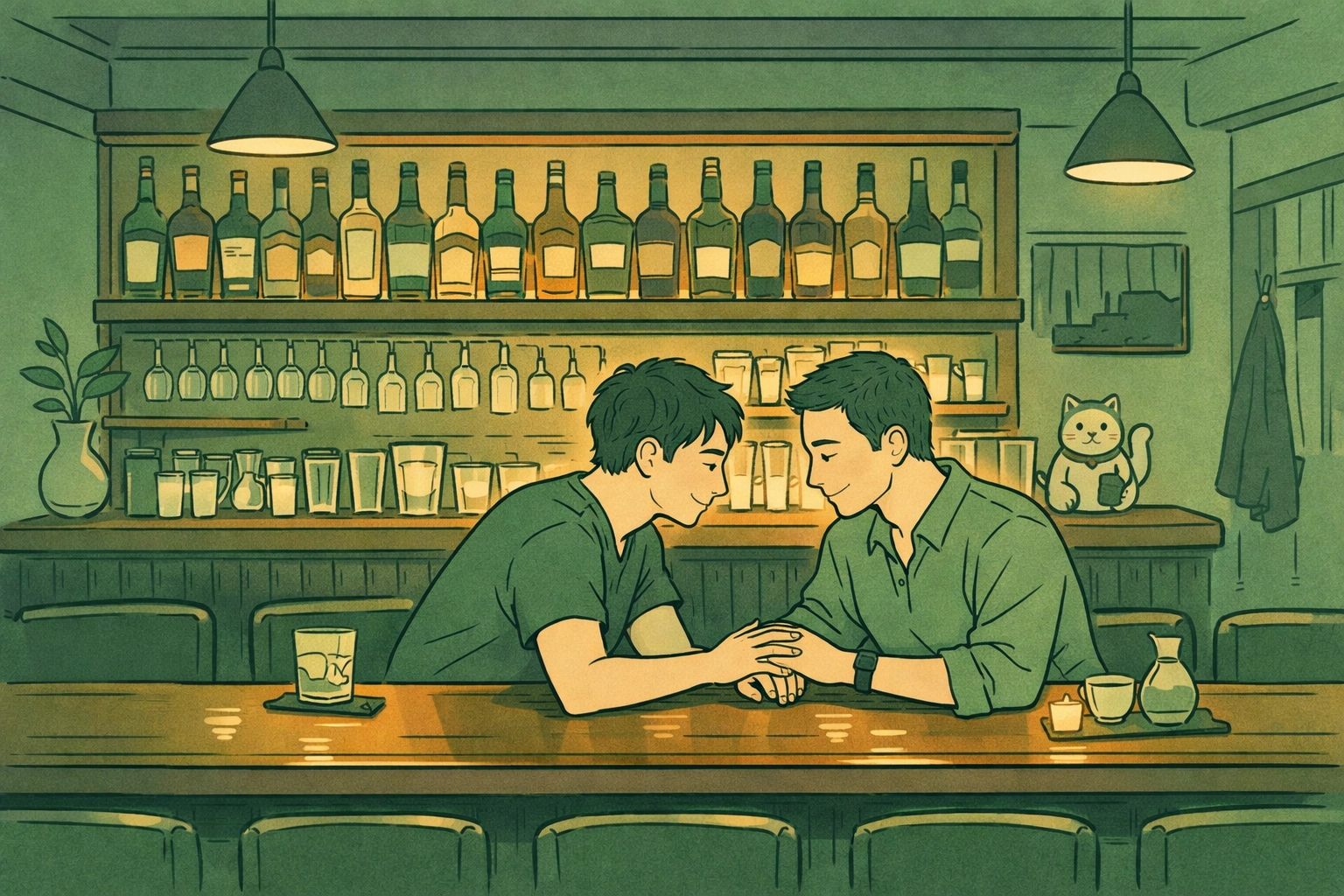 Interior of small Japanese gay bar showing MM couple in tender moment exemplifying sanctuary atmosphere