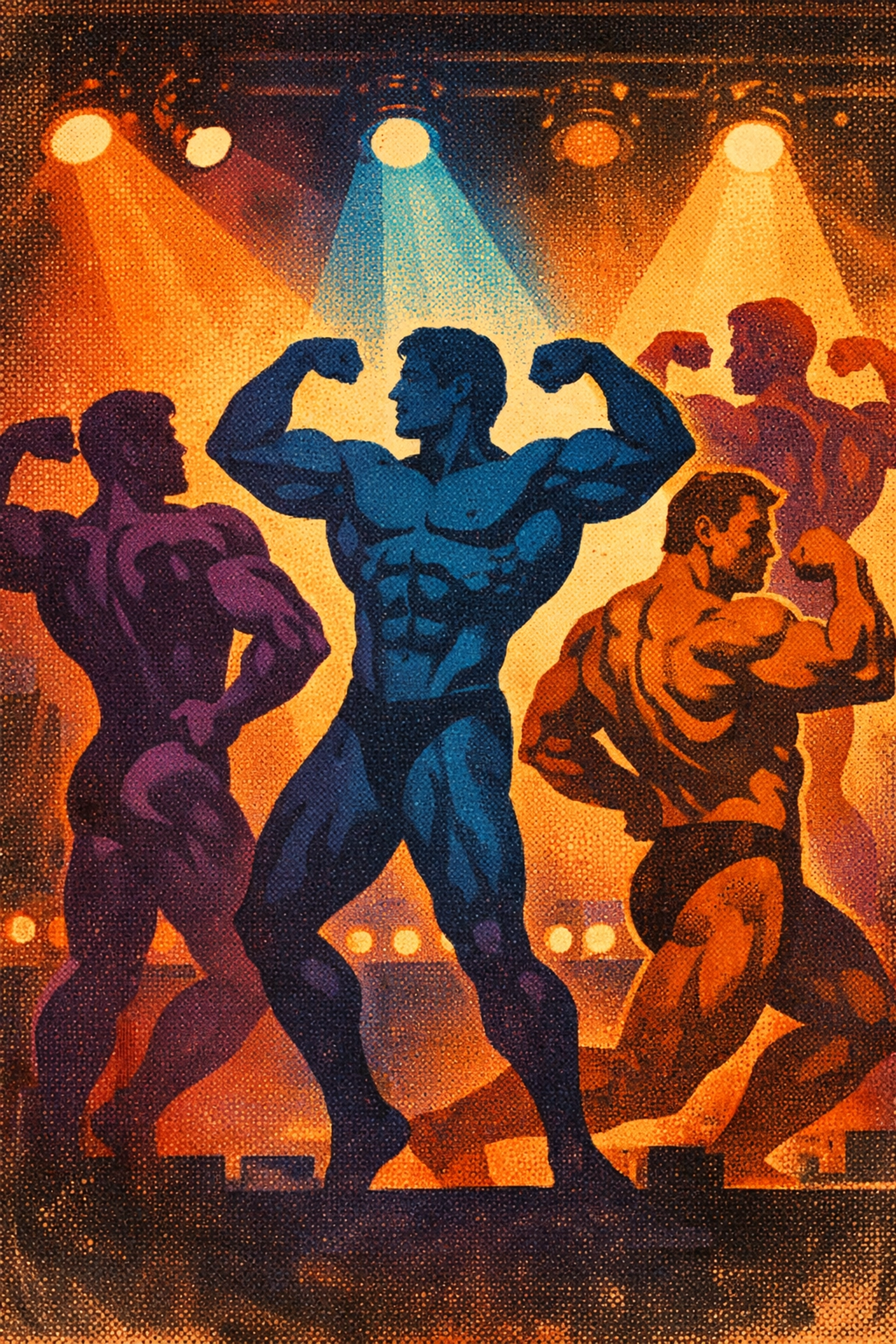 Vintage 1970s bodybuilders posing on stage illustrating gay culture's historical ties to bodybuilding