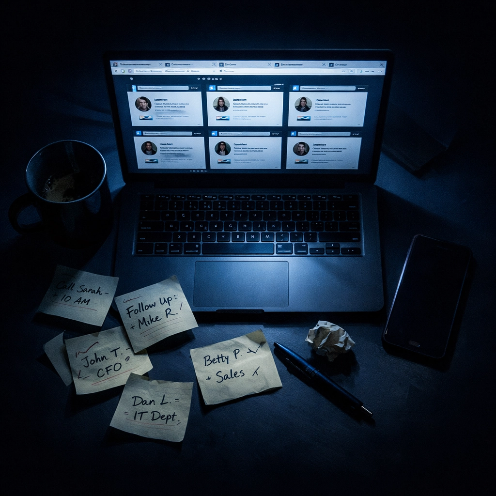 Startup SDR manually researching prospects late at night with laptop and notes