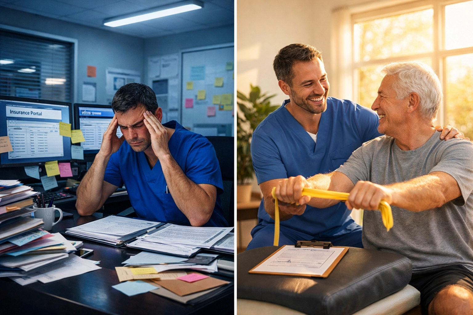 Split view: stressed therapist doing billing versus happy therapist treating patient