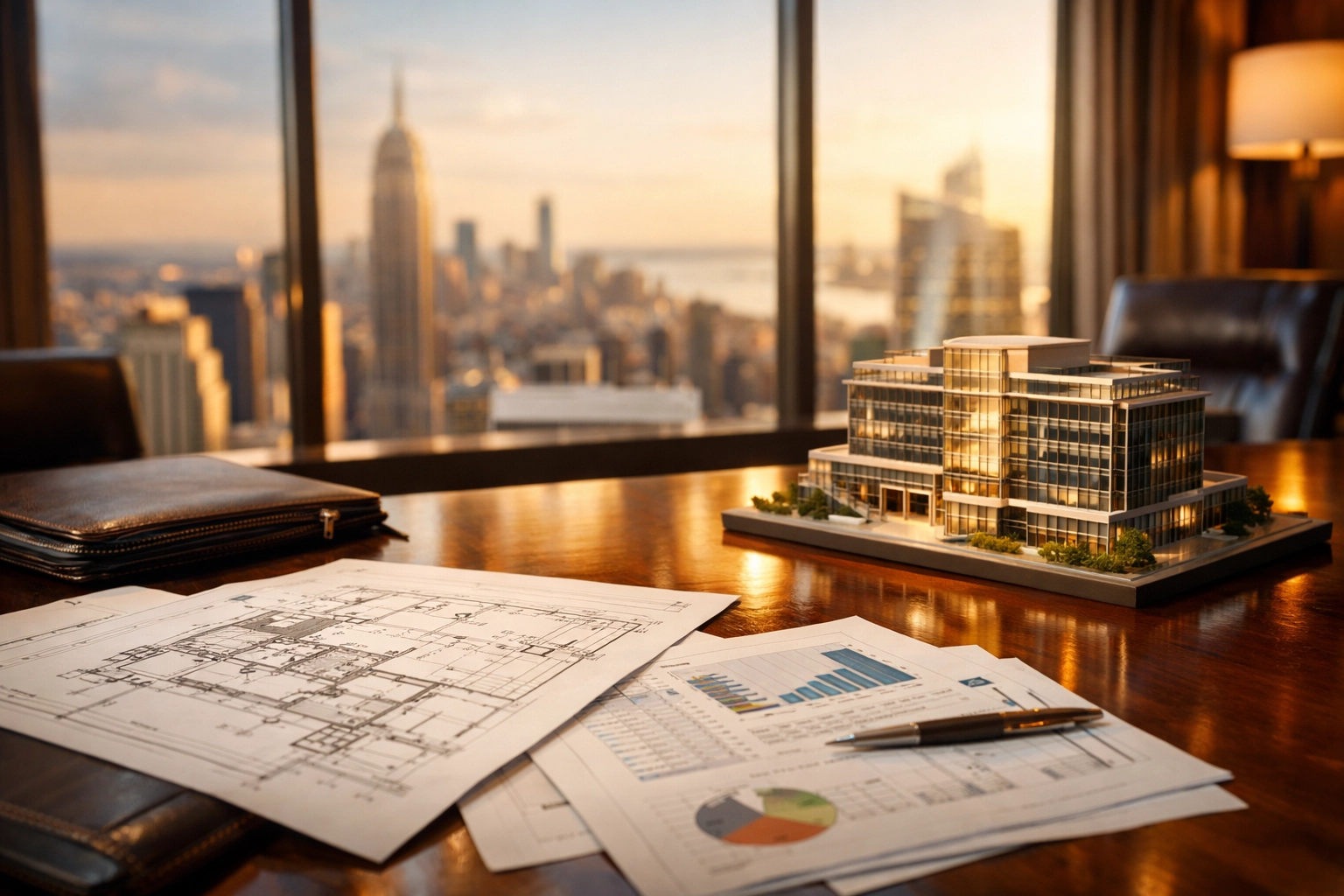 Private equity boardroom with building blueprints and financial documents for accredited investors